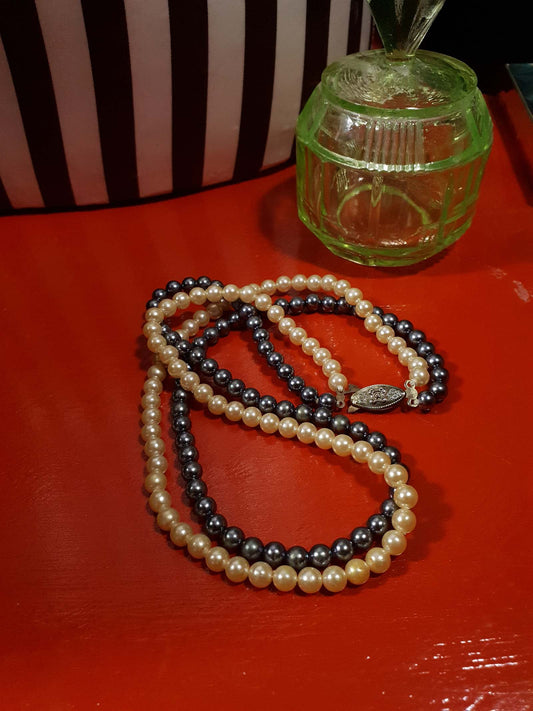Vintage 1960s Faux Pearl Necklace 18" Cream Grey Pearls Double Strand