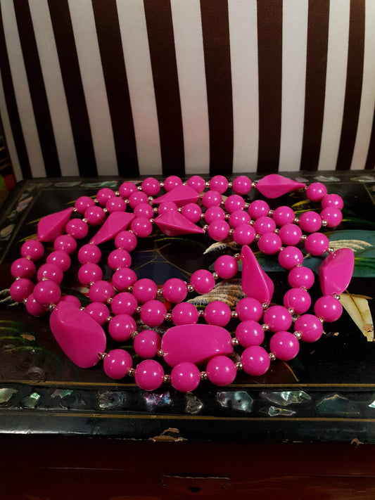 Vintage 1960s Pink Mod Necklace 41" Long Retro Cerise