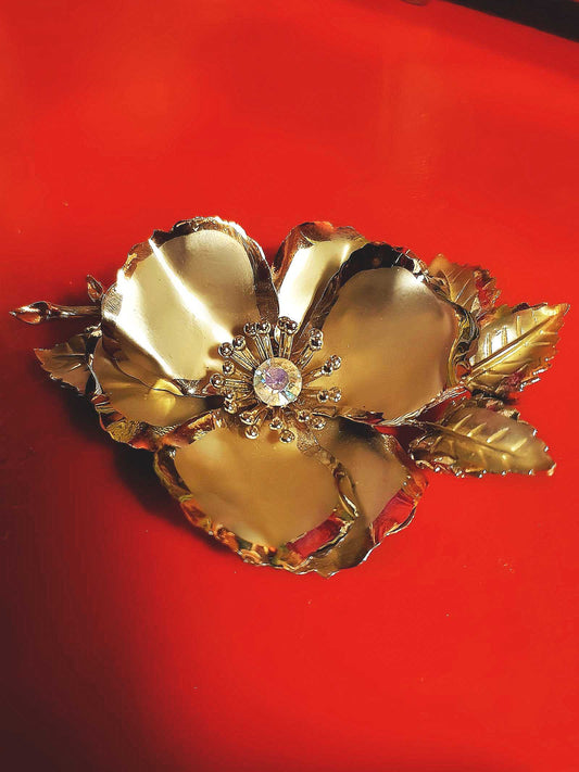 Vintage 1960s Large Flower Brooch Poppy Aurora Borealis Floral AB