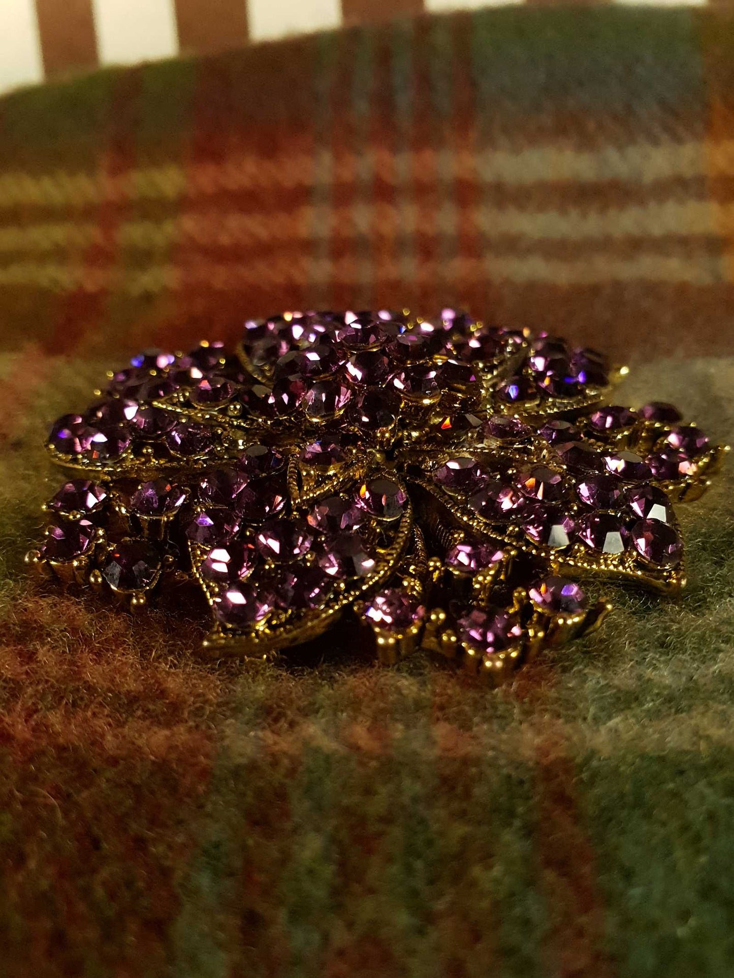 Vintage Purple Rhinestone Brooch Flower Gold Tone Diamante
