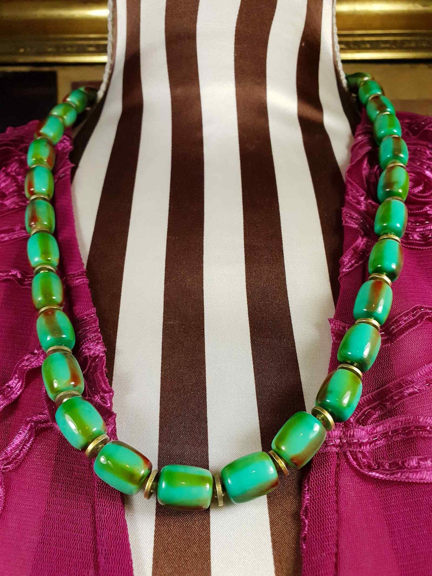 Vintage 1960s Turquoise Green Necklace 24" Bohemian Bead Retro