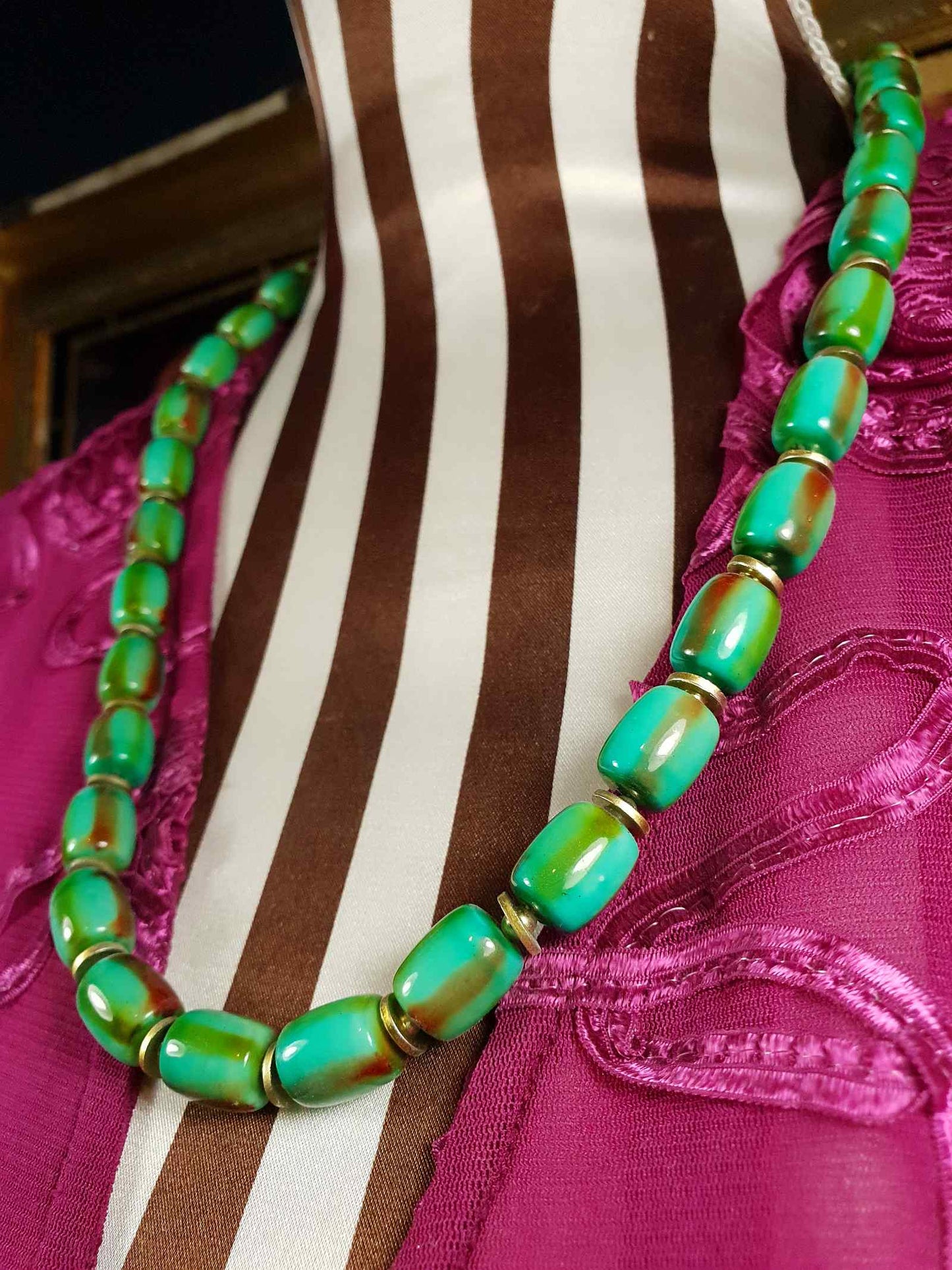 Vintage 1960s Turquoise Green Necklace 24" Bohemian Bead Retro