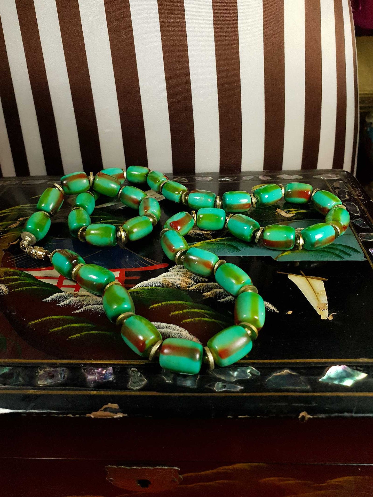 Vintage 1960s Turquoise Green Necklace 24" Bohemian Bead Retro