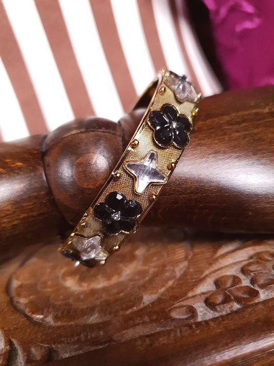 Vintage Rhinestone Mesh Bangle Bracelet 1960s Flower Floral Retro Glam Gold Tone