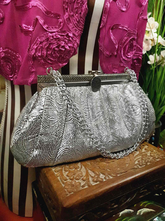 Vintage 1960s Silver Evening Bag Shoulder Handbag Metallic Tote