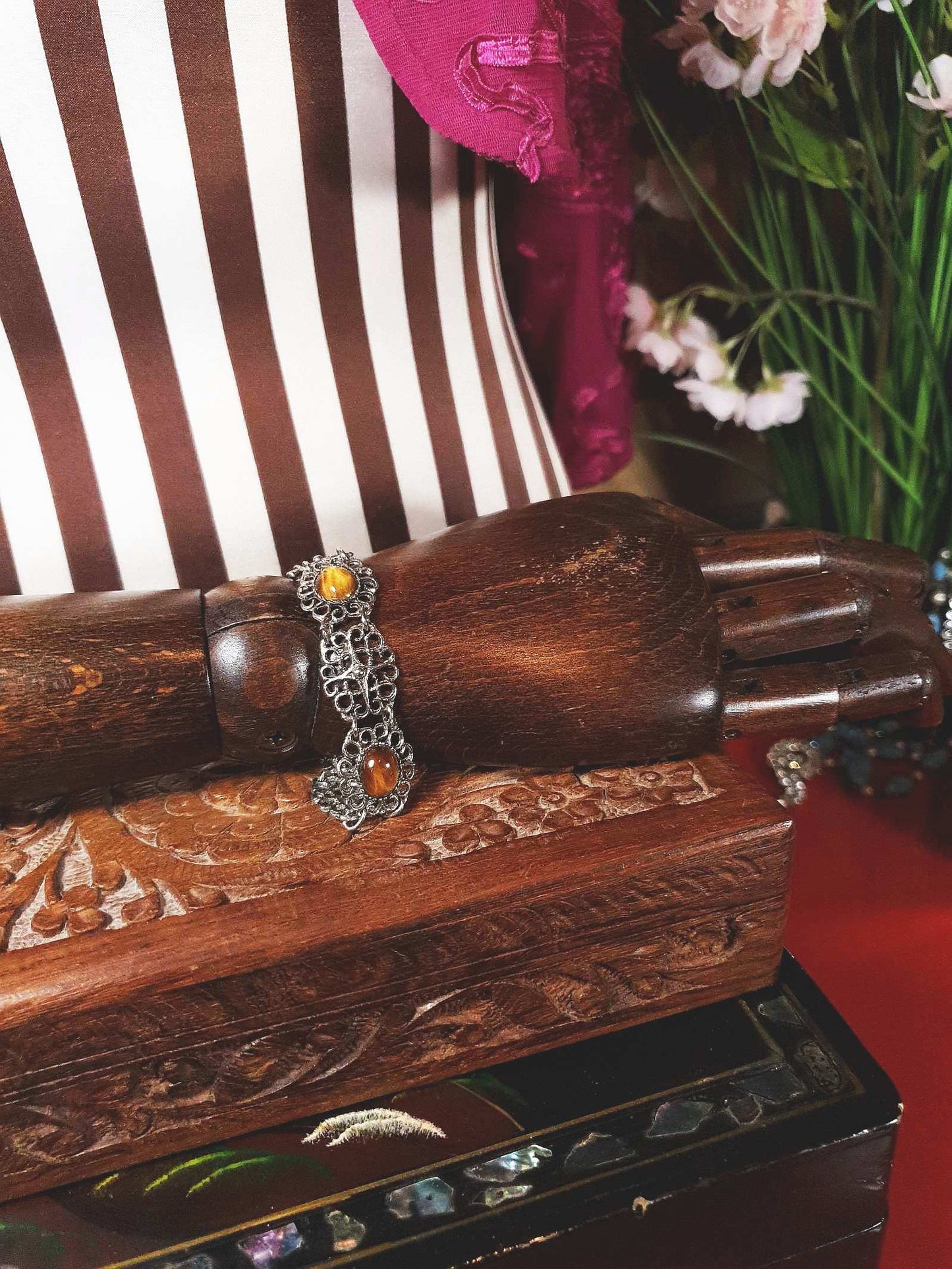 Vintage Tiger's Eye Gemstone Bracelet 1960s Filigree Silver-Tone