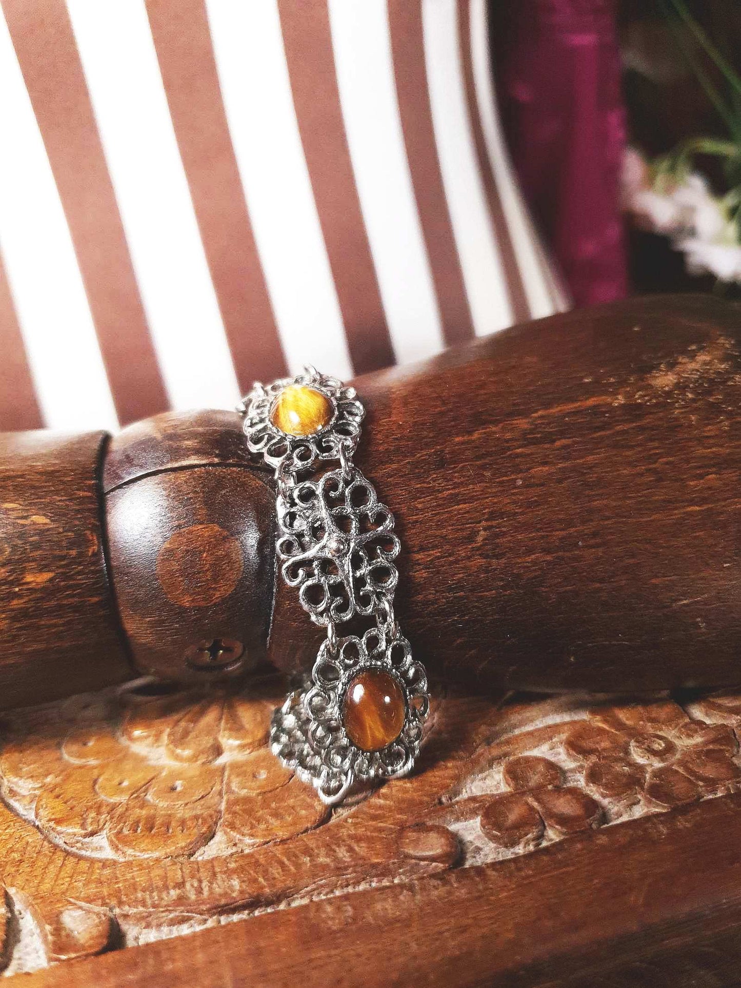 Vintage Tiger's Eye Gemstone Bracelet 1960s Filigree Silver-Tone
