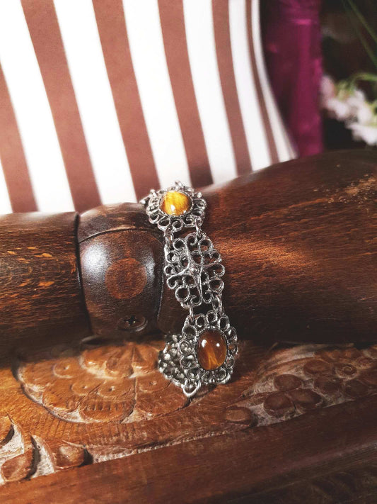 Vintage Tiger's Eye Gemstone Bracelet 1960s Filigree Silver-Tone