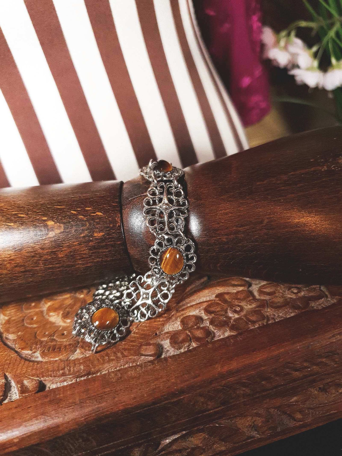 Vintage Tiger's Eye Gemstone Bracelet 1960s Filigree Silver-Tone
