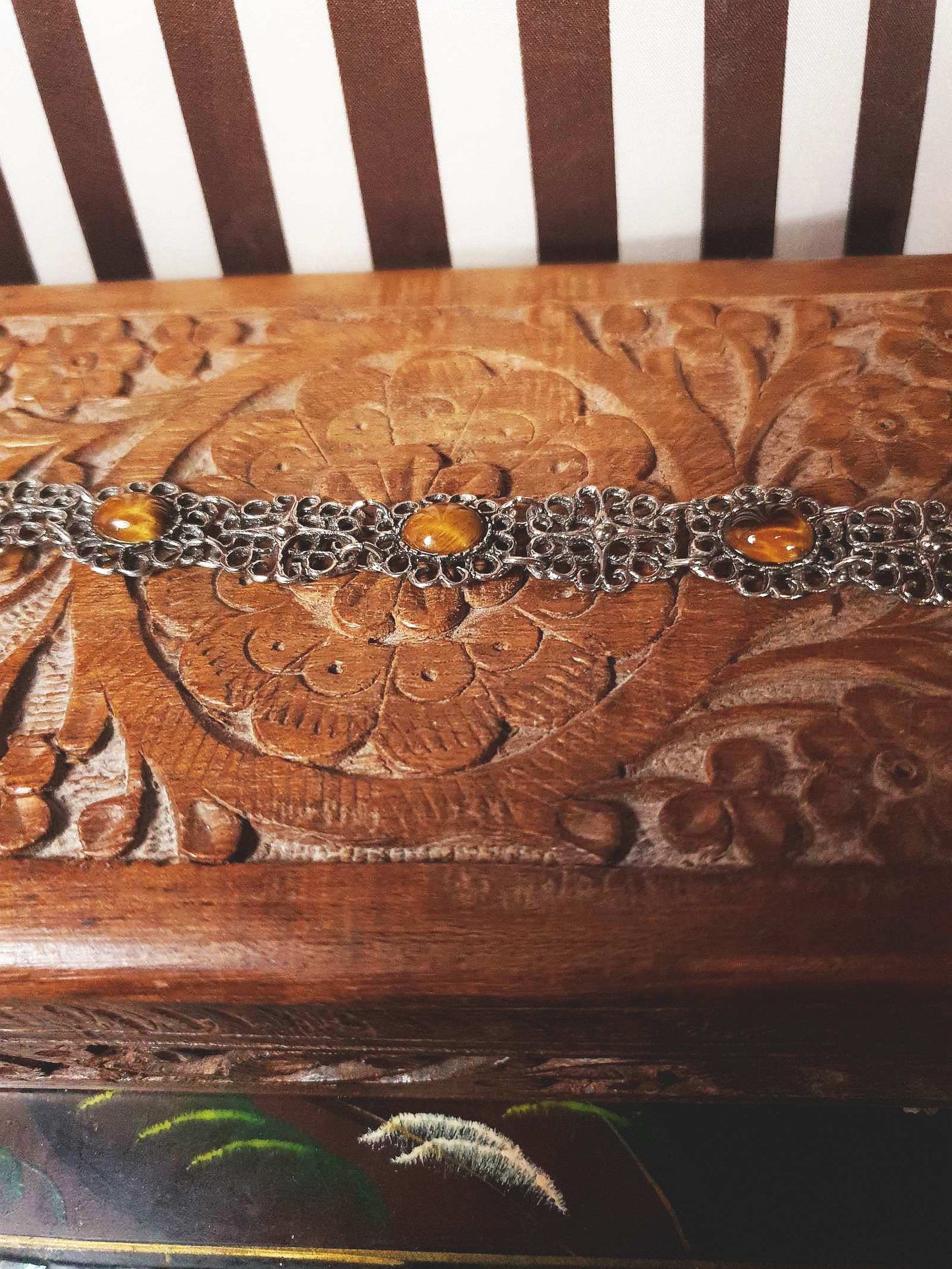 Vintage Tiger's Eye Gemstone Bracelet 1960s Filigree Silver-Tone