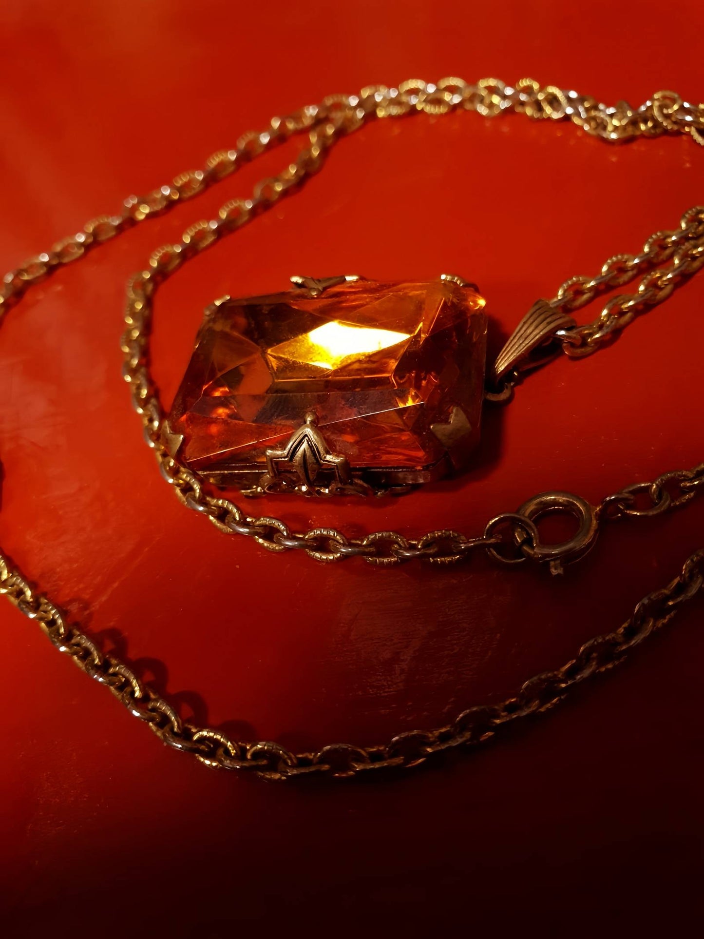 Vintage 1960s Amber Glass Pendant Necklace 24" Rhinestone Gold Tone