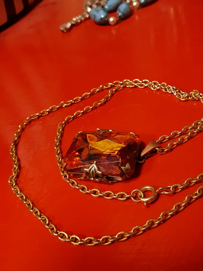 Vintage 1960s Amber Glass Pendant Necklace 24" Rhinestone Gold Tone
