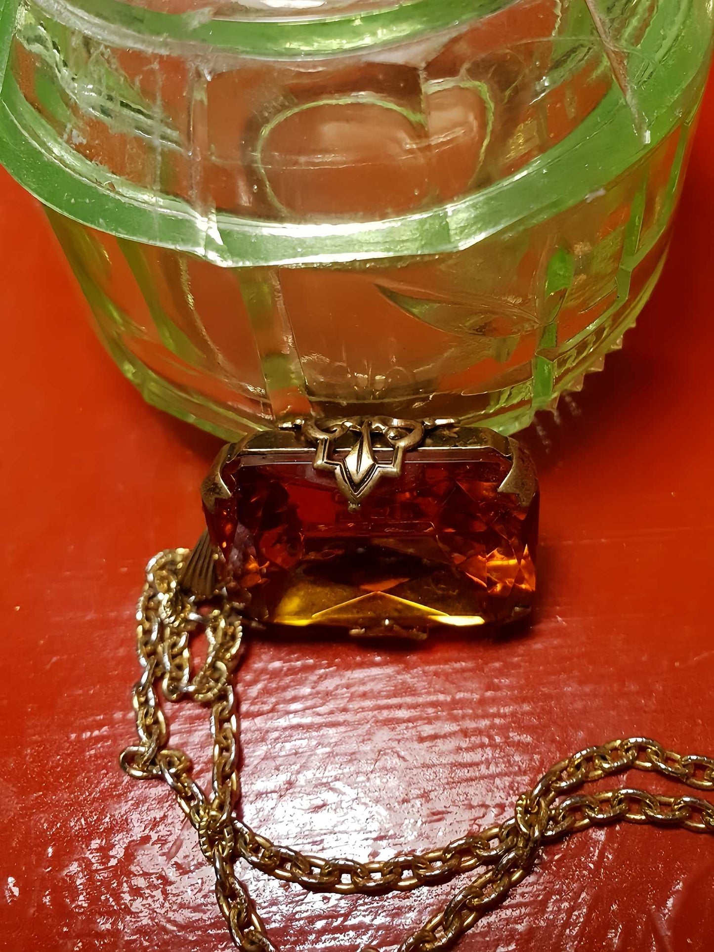 Vintage 1960s Amber Glass Pendant Necklace 24" Rhinestone Gold Tone