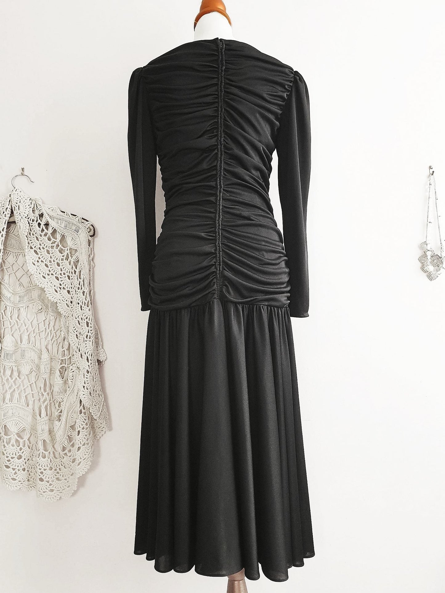 Vintage 1960's Black Party Dress Cocktail Sequin - Size 10 Ruched Glam Party LBD