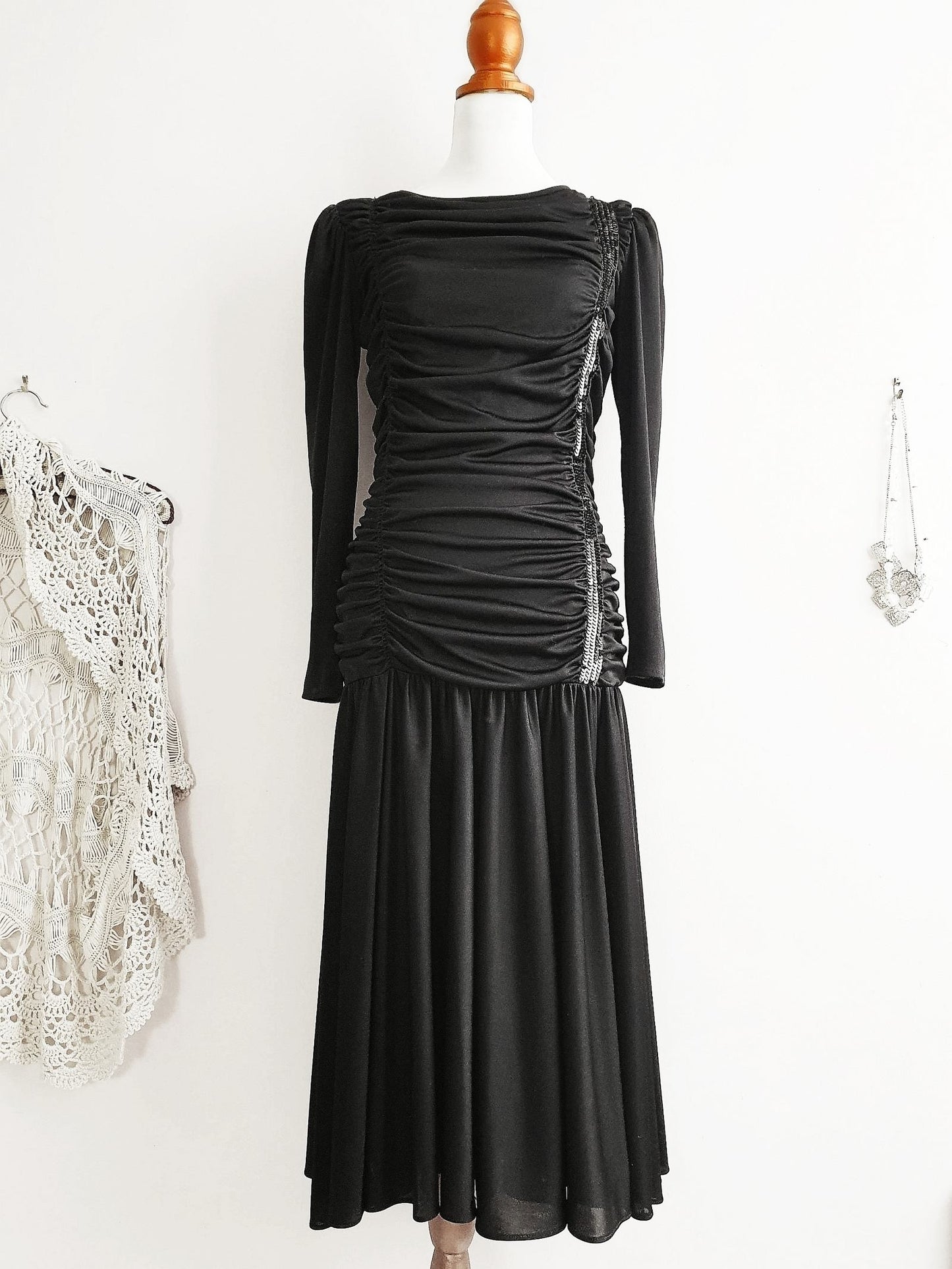 Vintage 1960's Black Party Dress Cocktail Sequin - Size 10 Ruched Glam Party LBD
