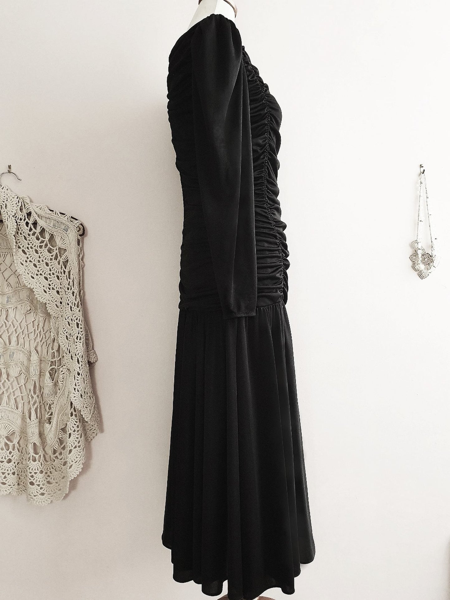 Vintage 1960's Black Party Dress Cocktail Sequin - Size 10 Ruched Glam Party LBD