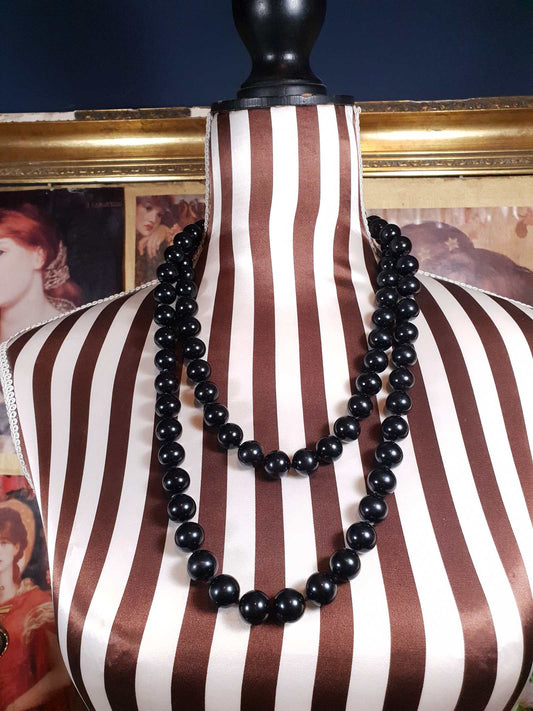Vintage 1960s Black Glass Bead Necklace Mod Retro Long