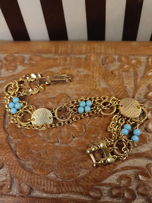 Vintage 1960s Boho Bracelet Blue Bead Bohemian Gold Tone Chain