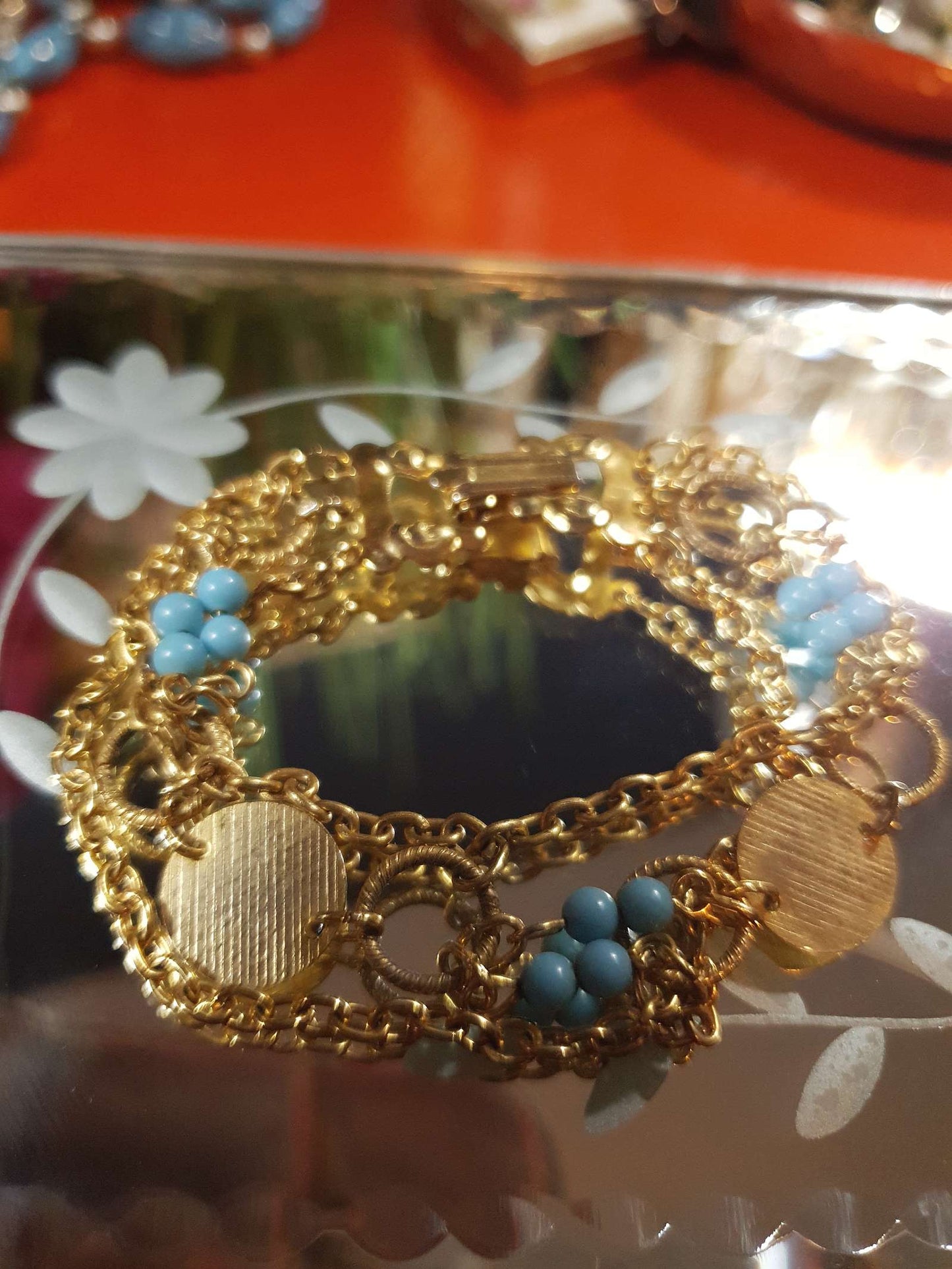 Vintage 1960s Boho Bracelet Blue Bead Bohemian Gold Tone Chain