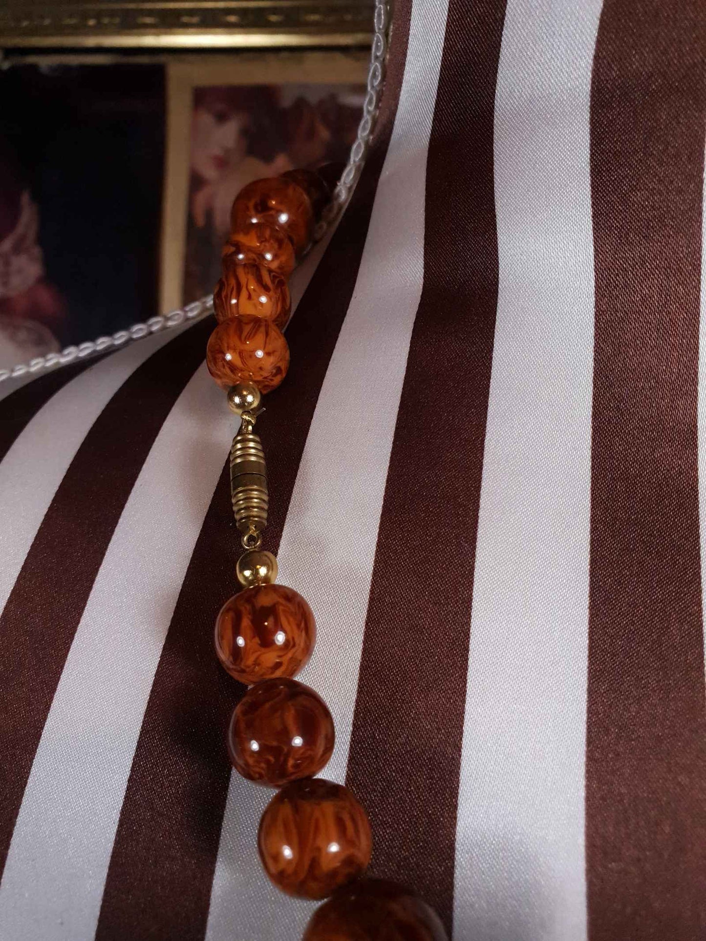 Vintage Brown Marbled Resin Necklace 21" Boho 1960s Bohemian Retro