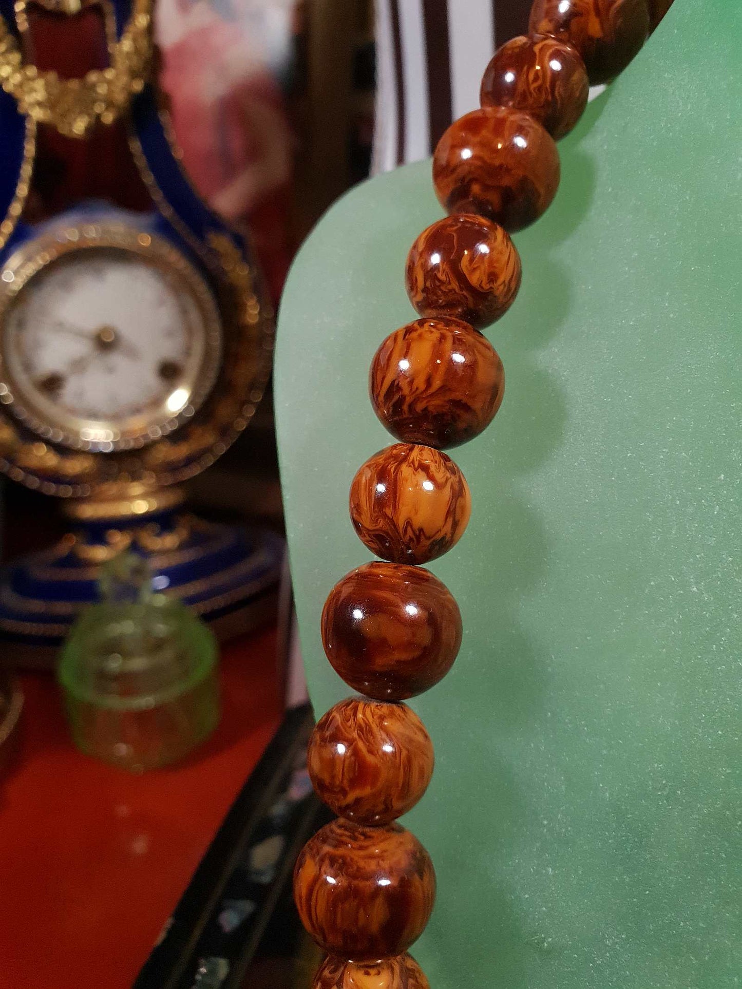Vintage Brown Marbled Resin Necklace 21" Boho 1960s Bohemian Retro