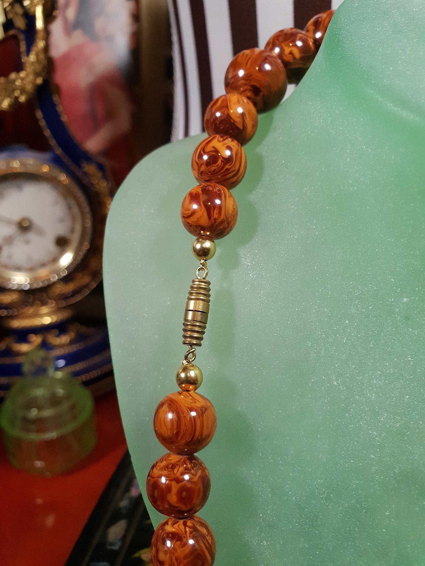 Vintage Brown Marbled Resin Necklace 21" Boho 1960s Bohemian Retro