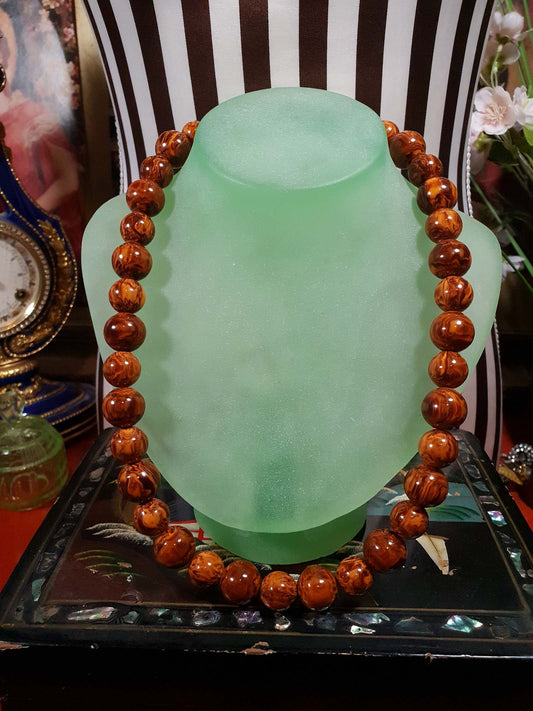 Vintage Brown Marbled Resin Necklace 21" Boho 1960s Bohemian Retro