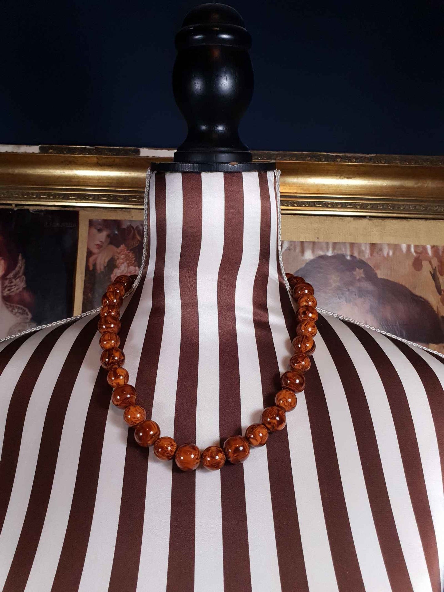 Vintage Brown Marbled Resin Necklace 21" Boho 1960s Bohemian Retro