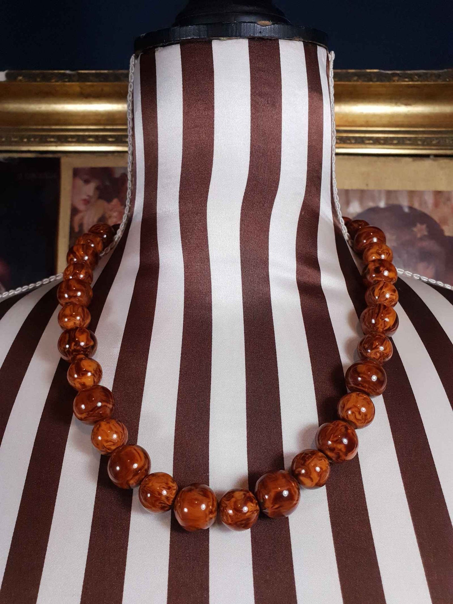 Vintage Brown Marbled Resin Necklace 21" Boho 1960s Bohemian Retro