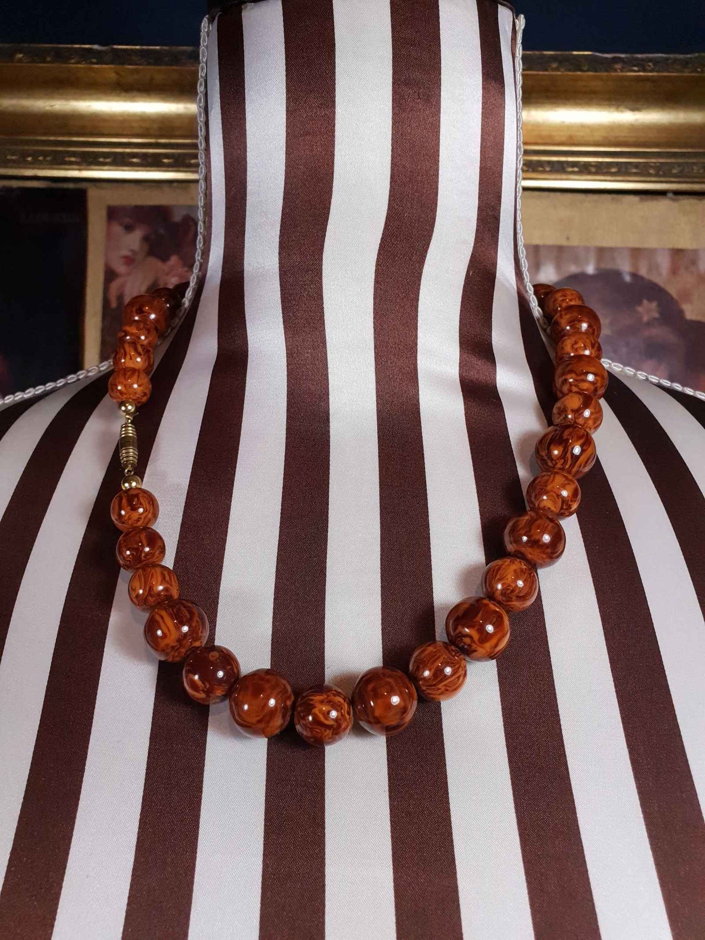 Vintage Brown Marbled Resin Necklace 21" Boho 1960s Bohemian Retro