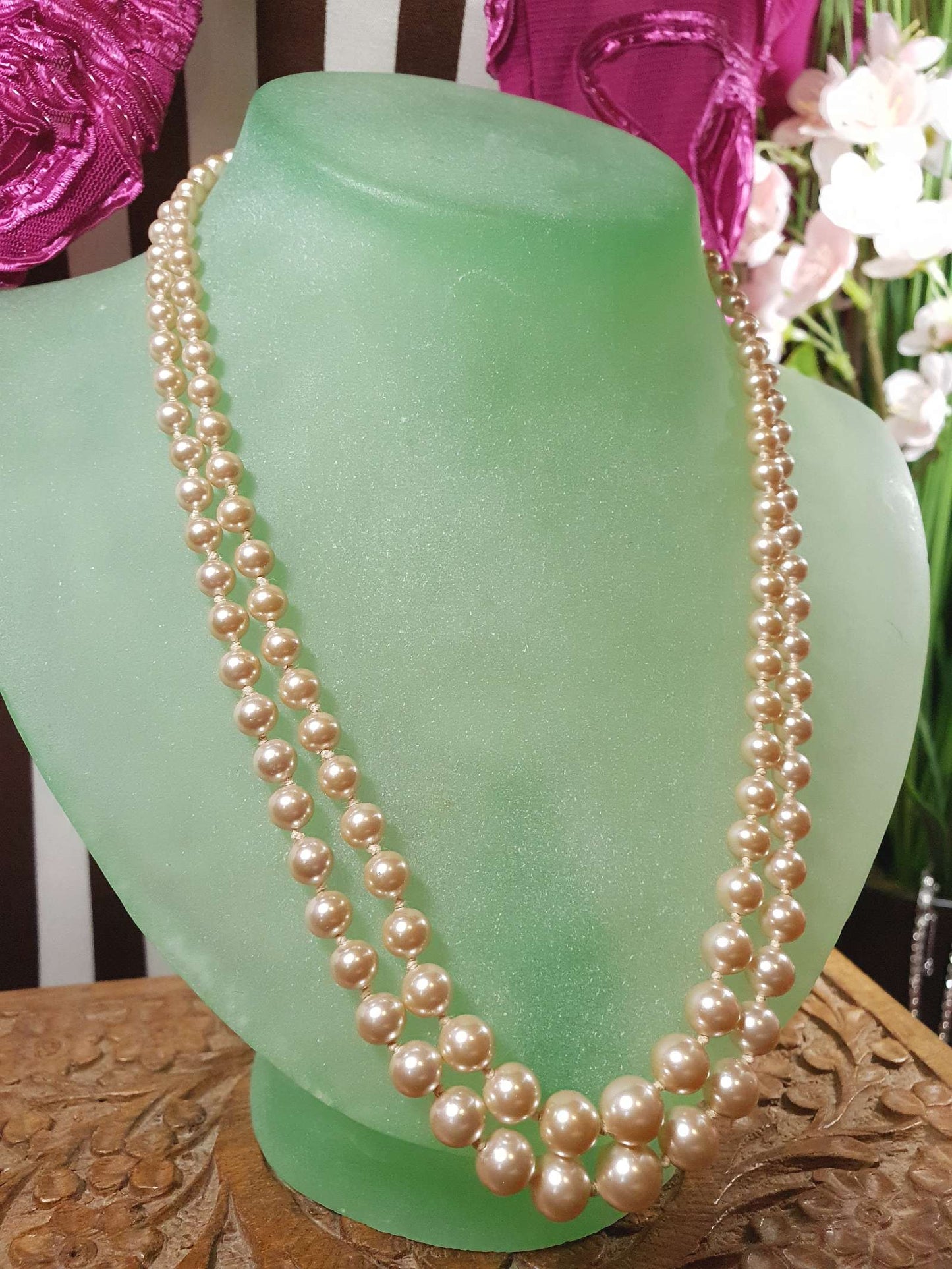 Vintage 1960s Genuine Pearl Necklace 17" Double Strand Silver Lotus Freshwater Pearls