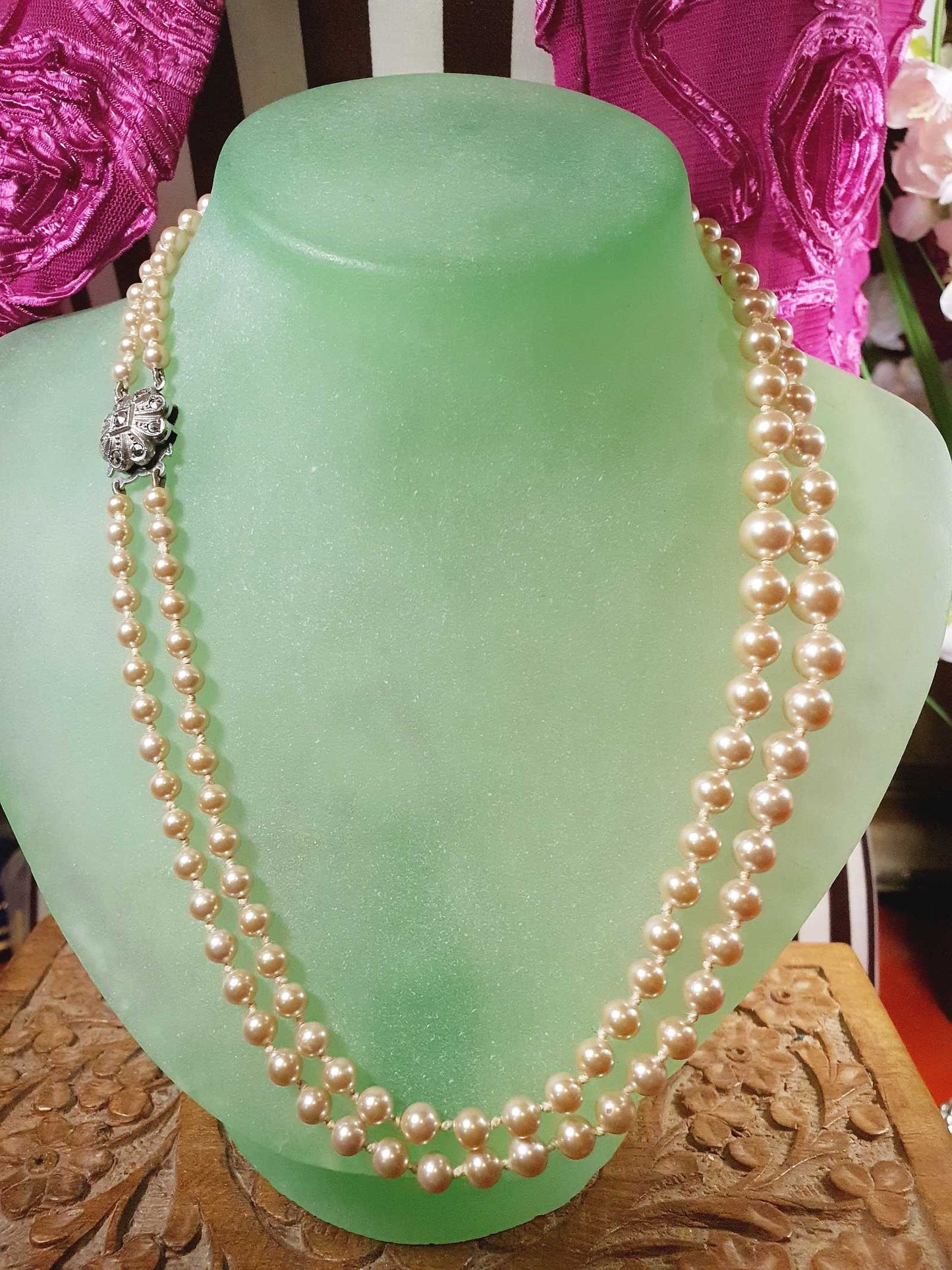 Vintage 1960s Genuine Pearl Necklace 17" Double Strand Silver Lotus Freshwater Pearls