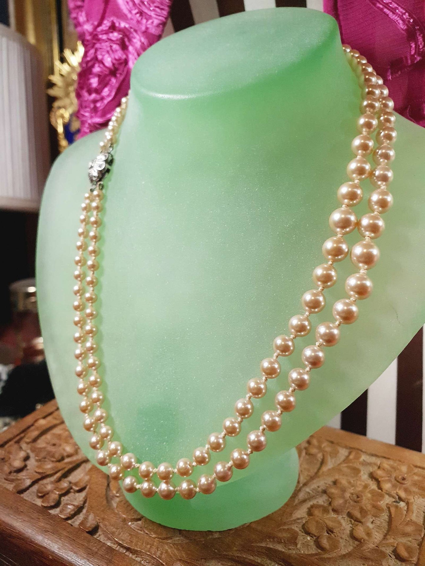 Vintage 1960s Genuine Pearl Necklace 17" Double Strand Silver Lotus Freshwater Pearls