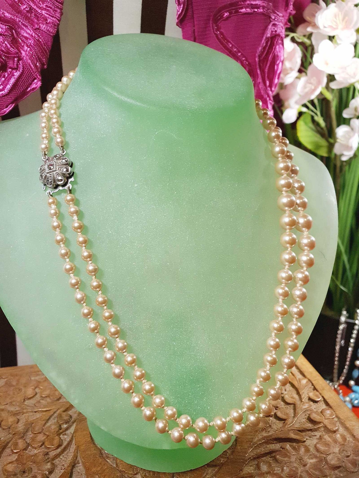 Vintage 1960s Genuine Pearl Necklace 17" Double Strand Silver Lotus Freshwater Pearls