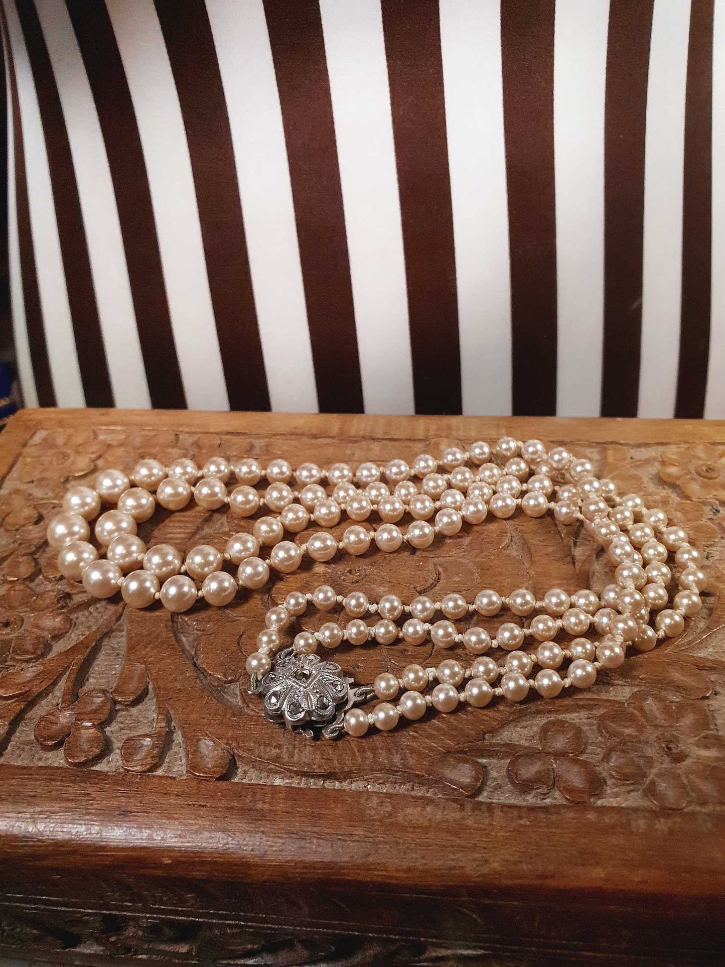 Vintage 1960s Genuine Pearl Necklace 17" Double Strand Silver Lotus Freshwater Pearls