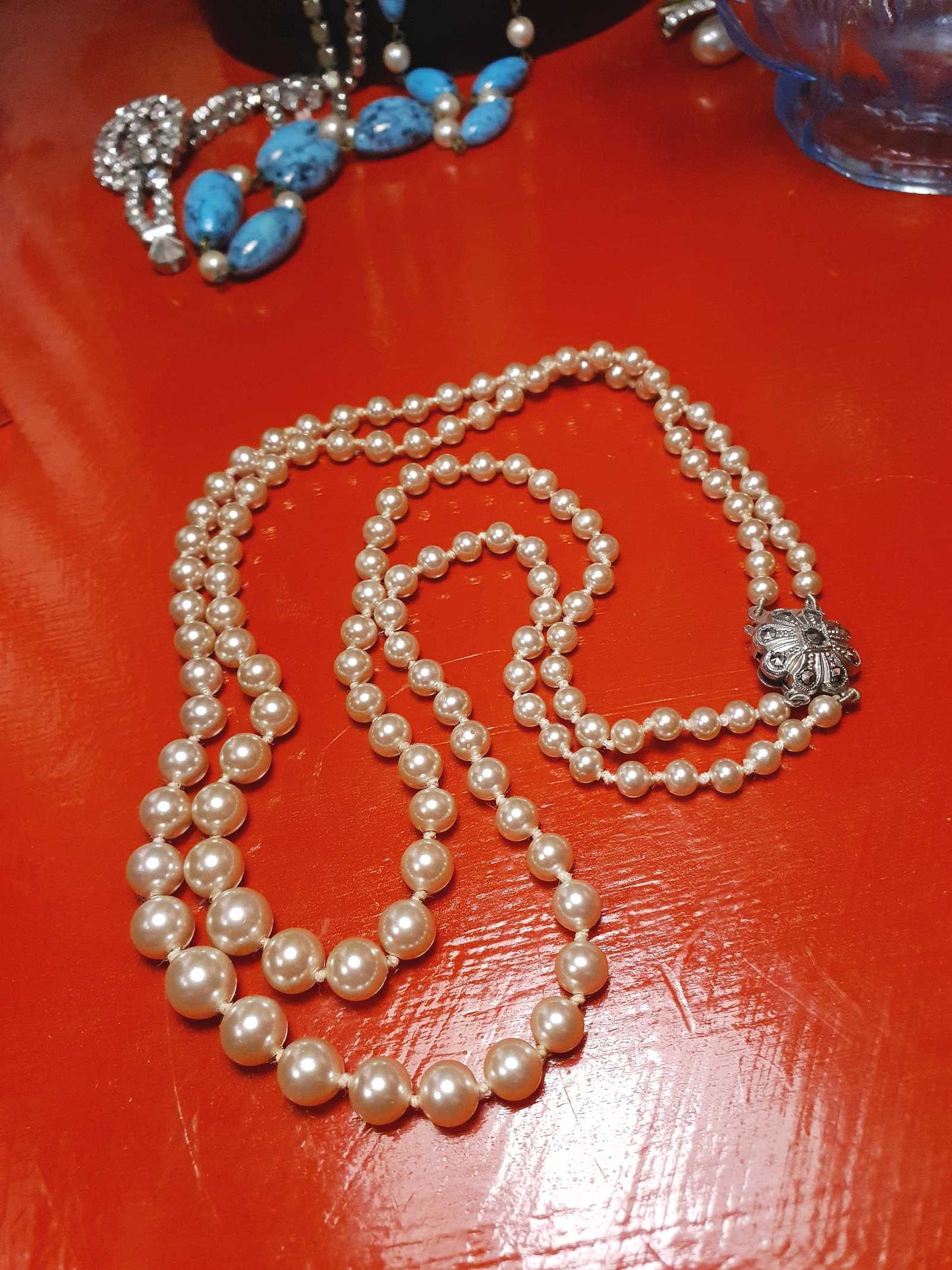Vintage 1960s Genuine Pearl Necklace 17" Double Strand Silver Lotus Freshwater Pearls