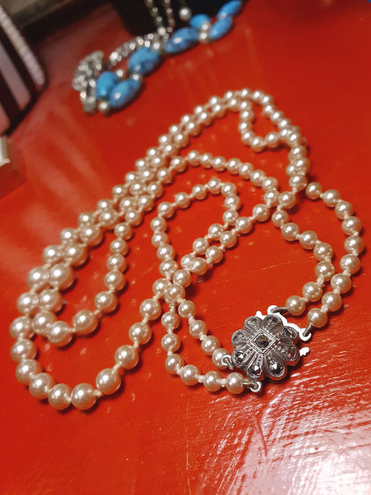 Vintage 1960s Genuine Pearl Necklace 17" Double Strand Silver Lotus Freshwater Pearls