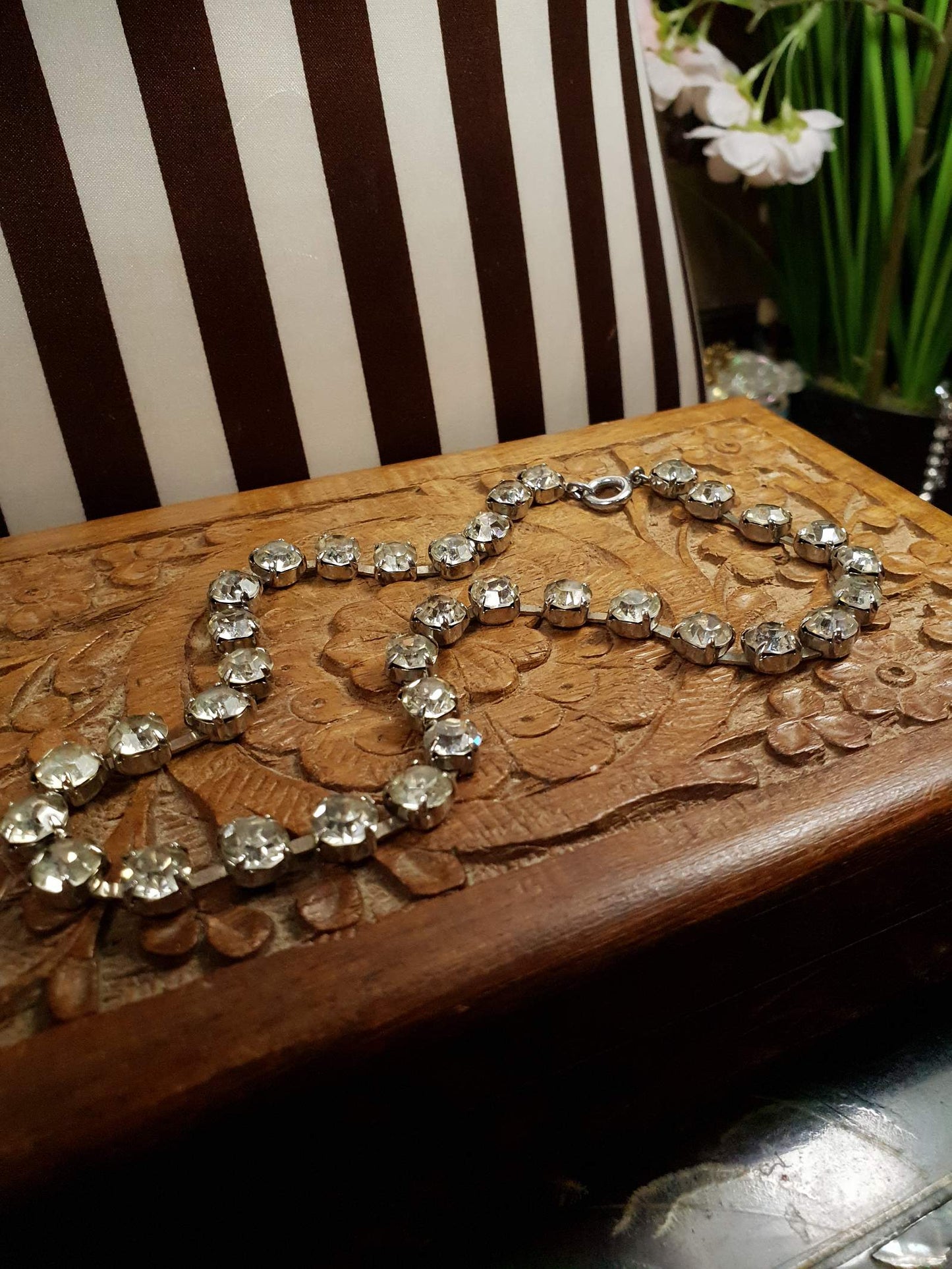 Vintage Clear Rhinestone Necklace Choker 15" 1960s Retro