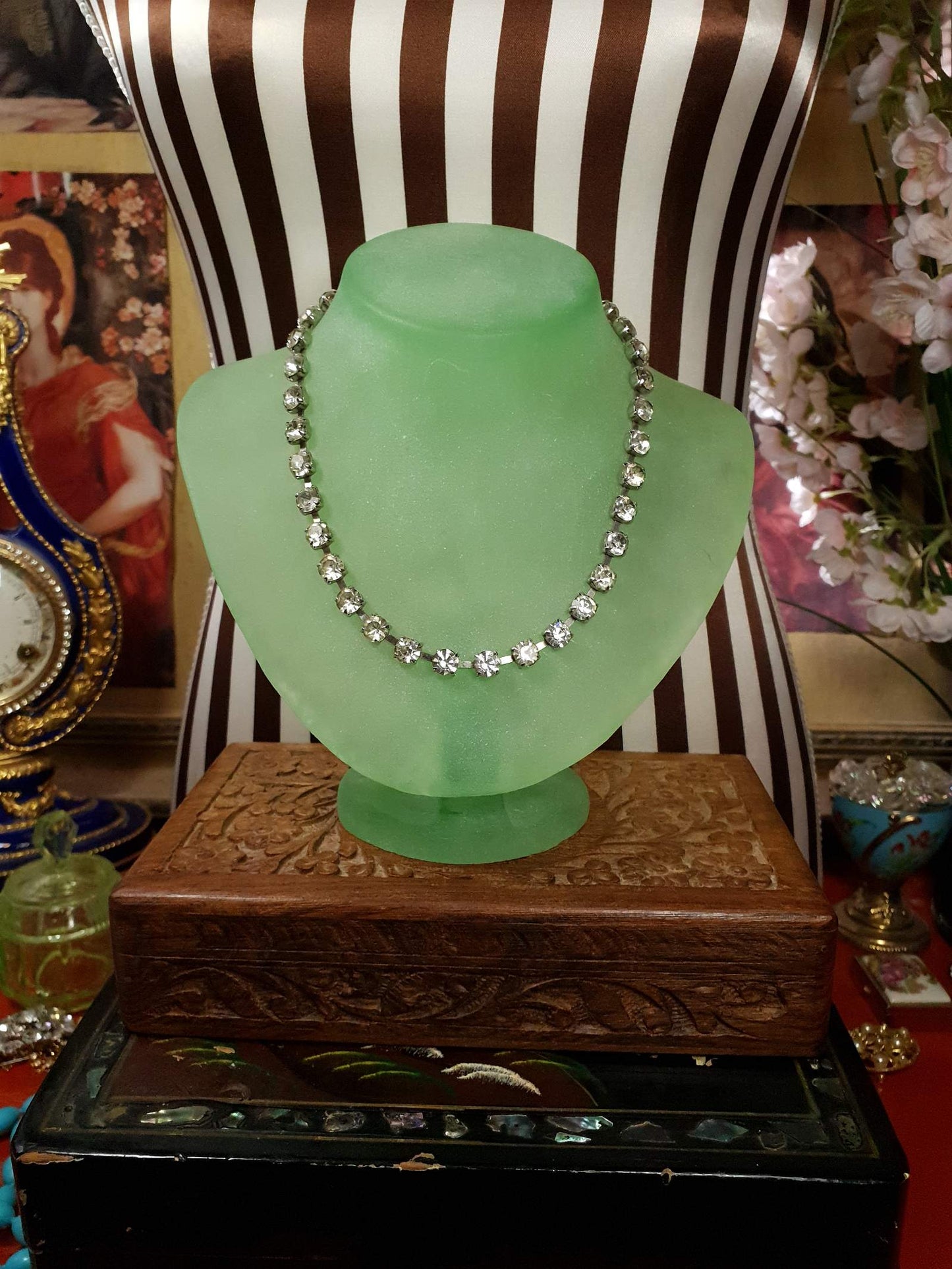 Vintage Clear Rhinestone Necklace Choker 15" 1960s Retro