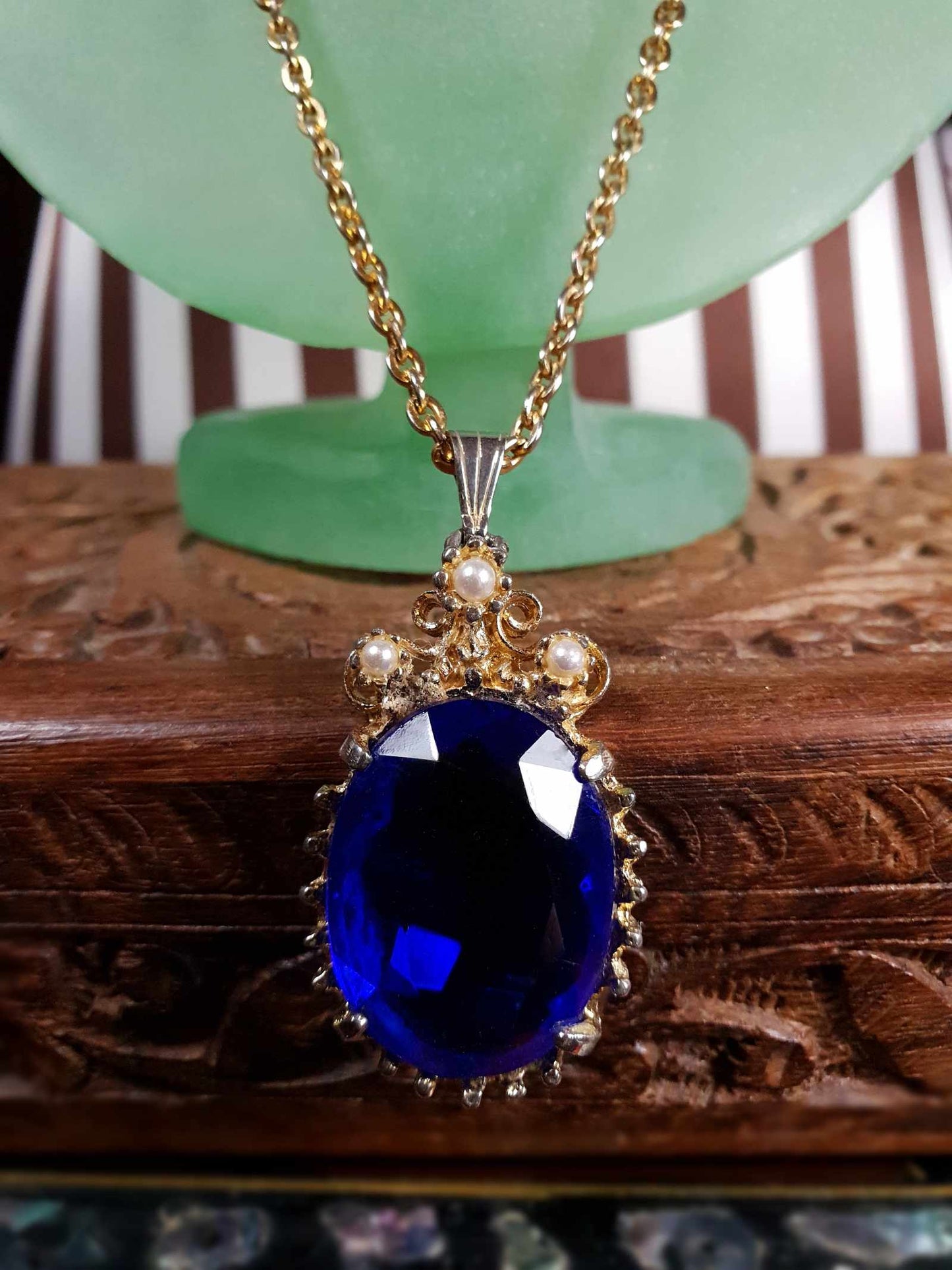 Vintage 1960s Rhinestone Pendant Necklace 18" Cobalt Blue Faux Pearl Gold Tone