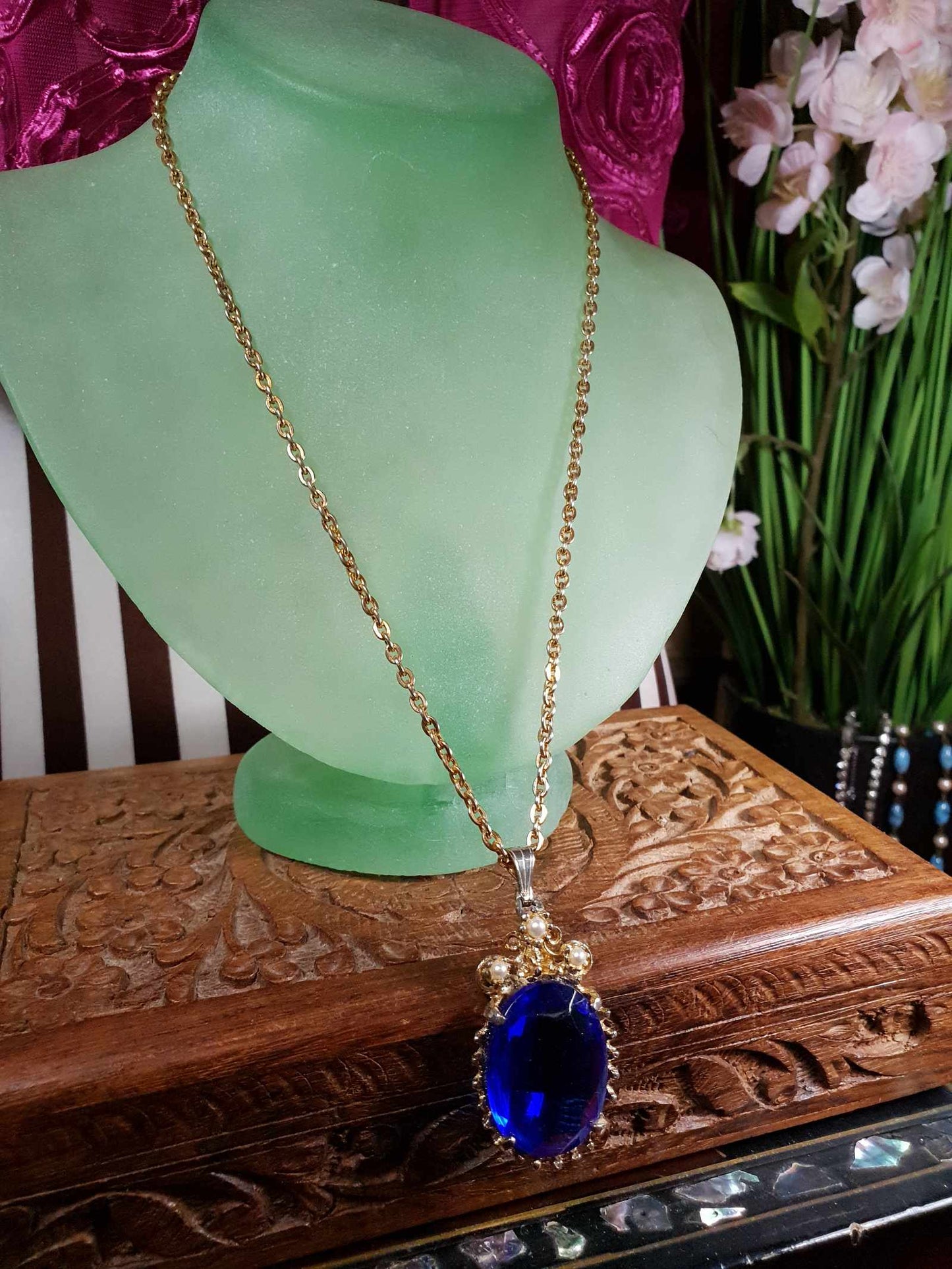 Vintage 1960s Rhinestone Pendant Necklace 18" Cobalt Blue Faux Pearl Gold Tone