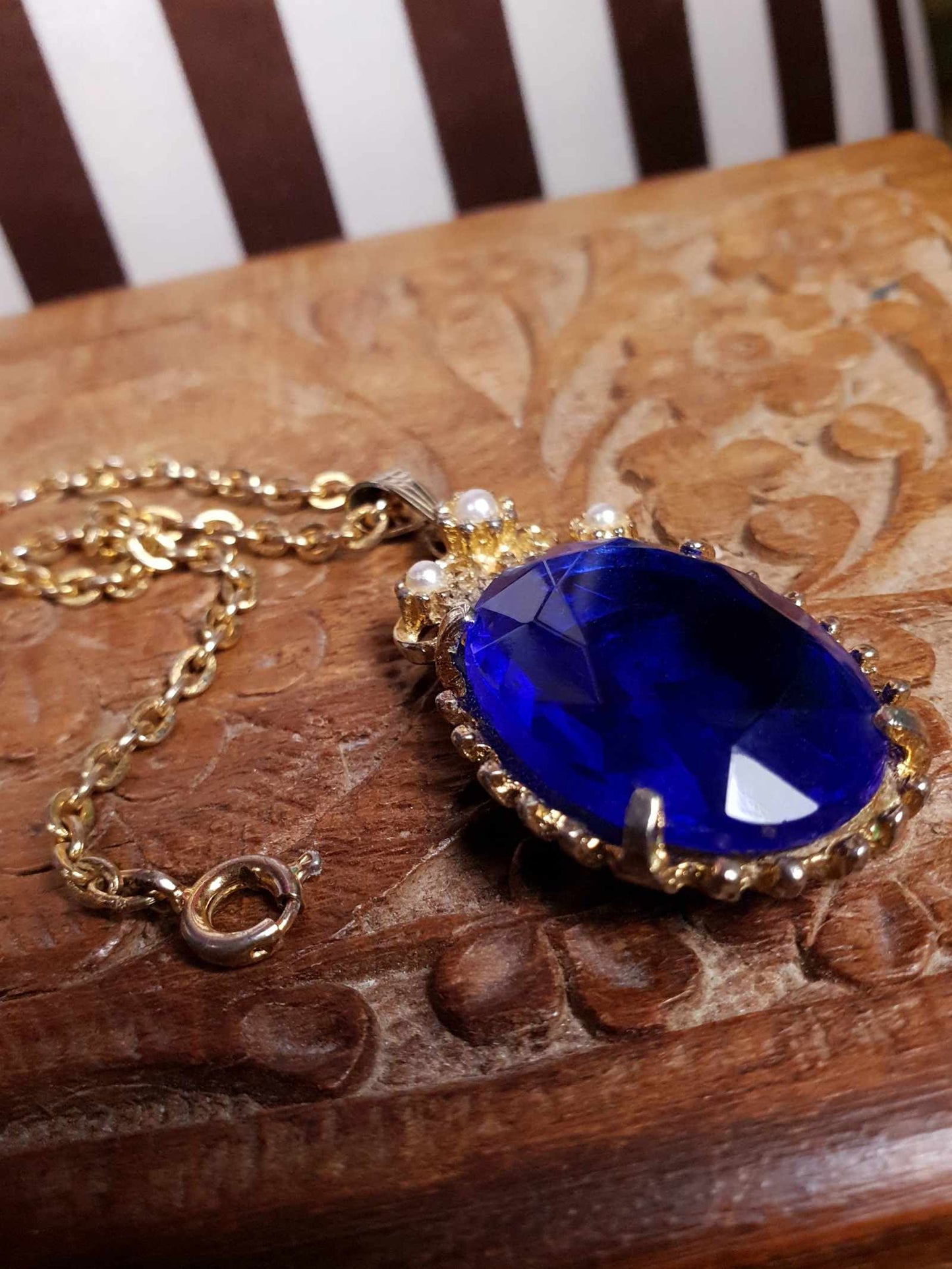 Vintage 1960s Rhinestone Pendant Necklace 18" Cobalt Blue Faux Pearl Gold Tone