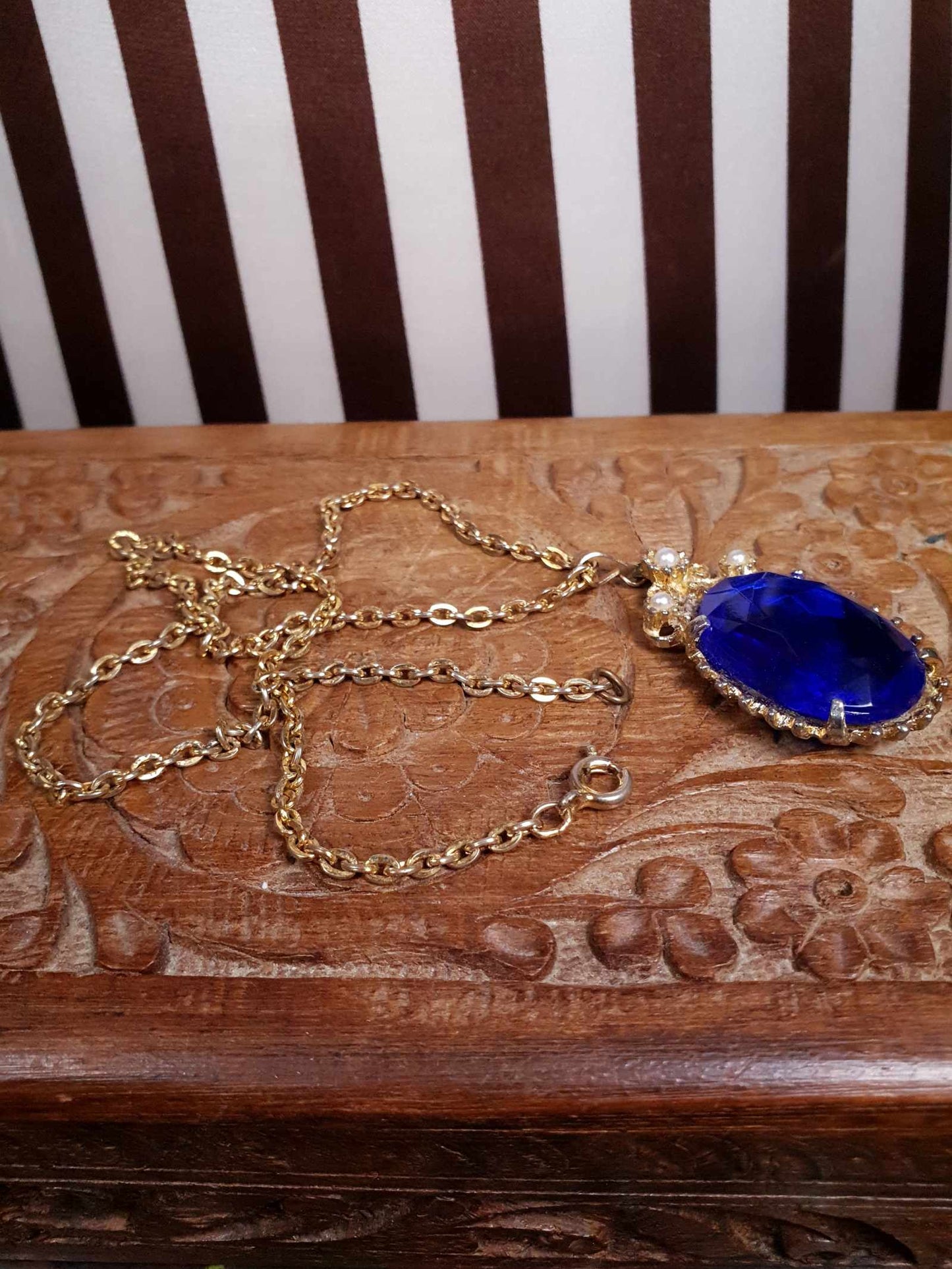 Vintage 1960s Rhinestone Pendant Necklace 18" Cobalt Blue Faux Pearl Gold Tone