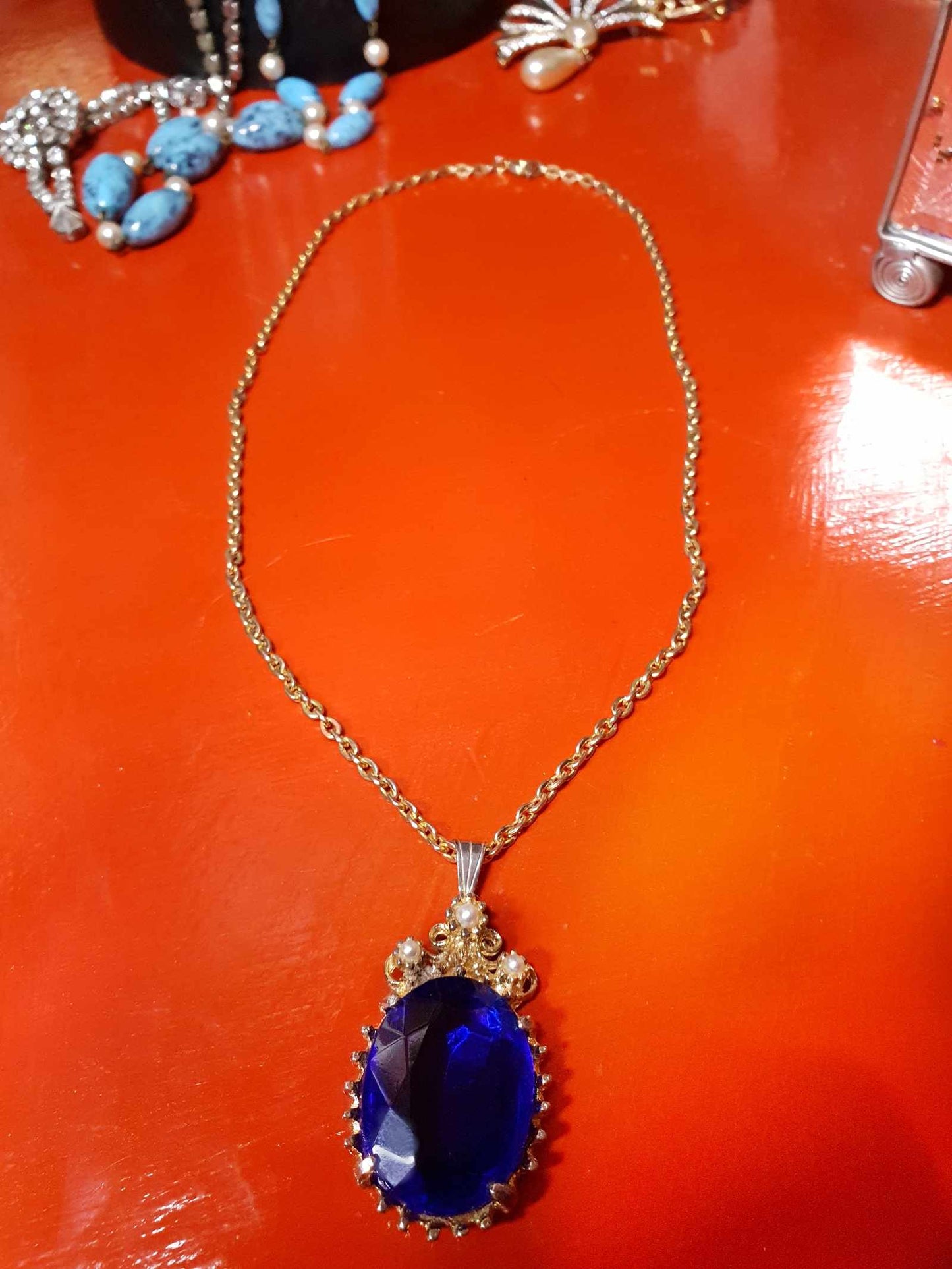 Vintage 1960s Rhinestone Pendant Necklace 18" Cobalt Blue Faux Pearl Gold Tone