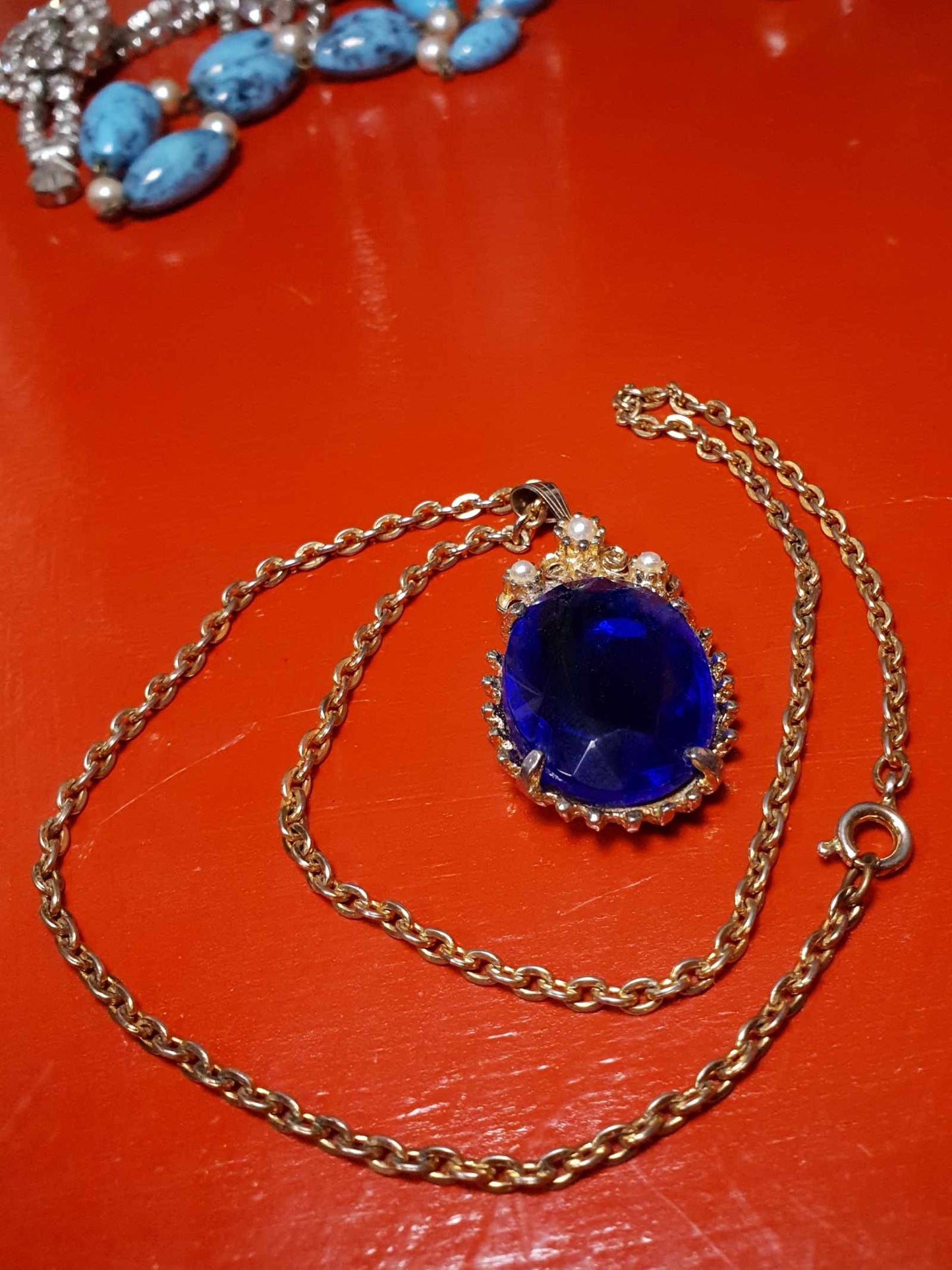 Vintage 1960s Rhinestone Pendant Necklace 18" Cobalt Blue Faux Pearl Gold Tone