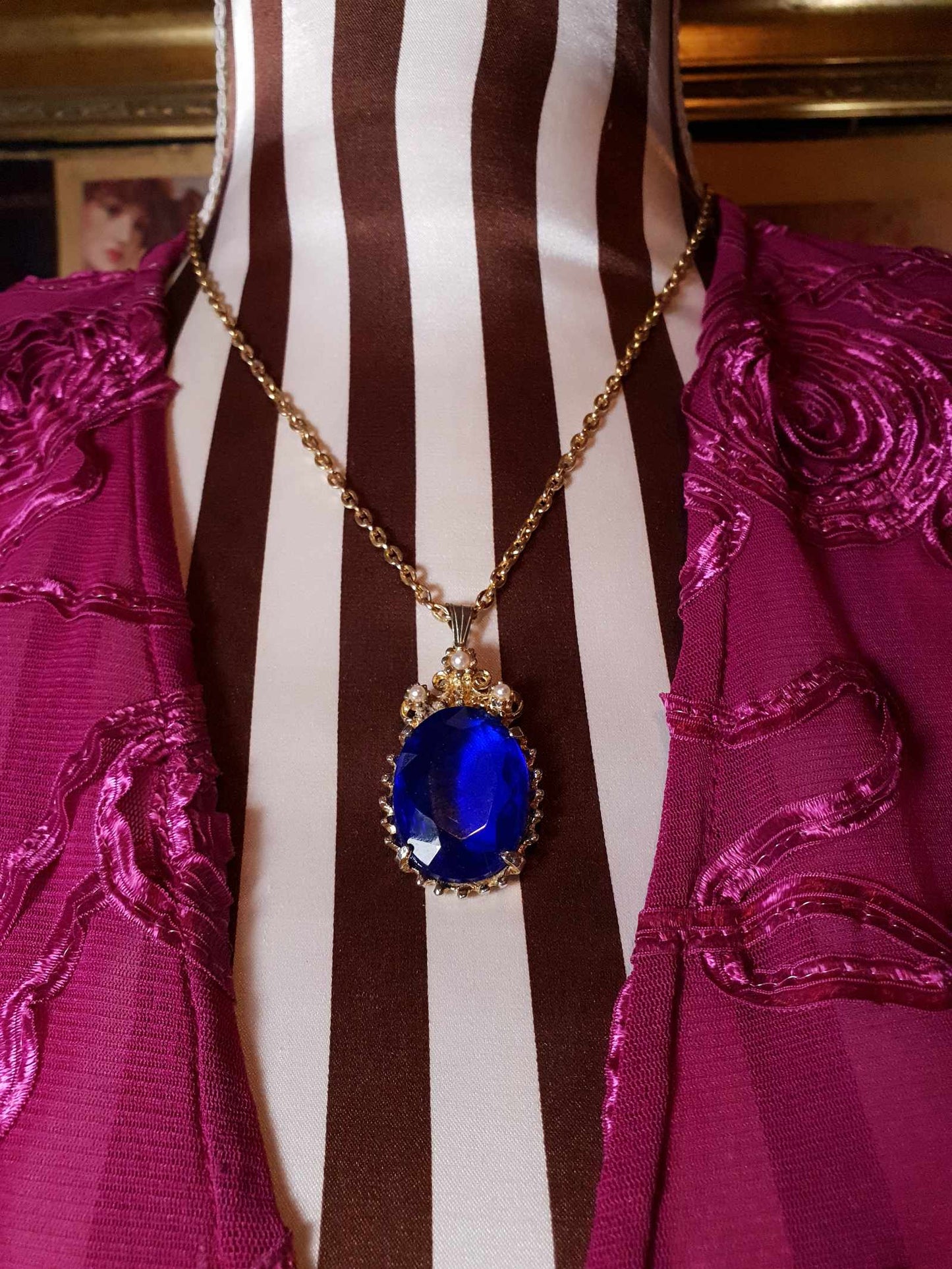 Vintage 1960s Rhinestone Pendant Necklace 18" Cobalt Blue Faux Pearl Gold Tone