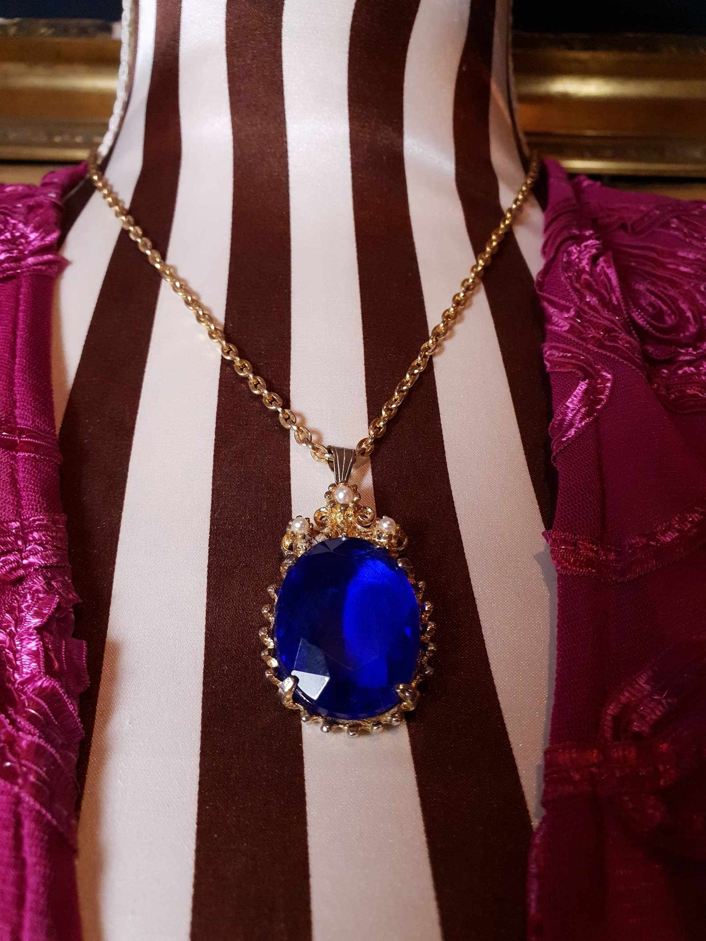 Vintage 1960s Rhinestone Pendant Necklace 18" Cobalt Blue Faux Pearl Gold Tone