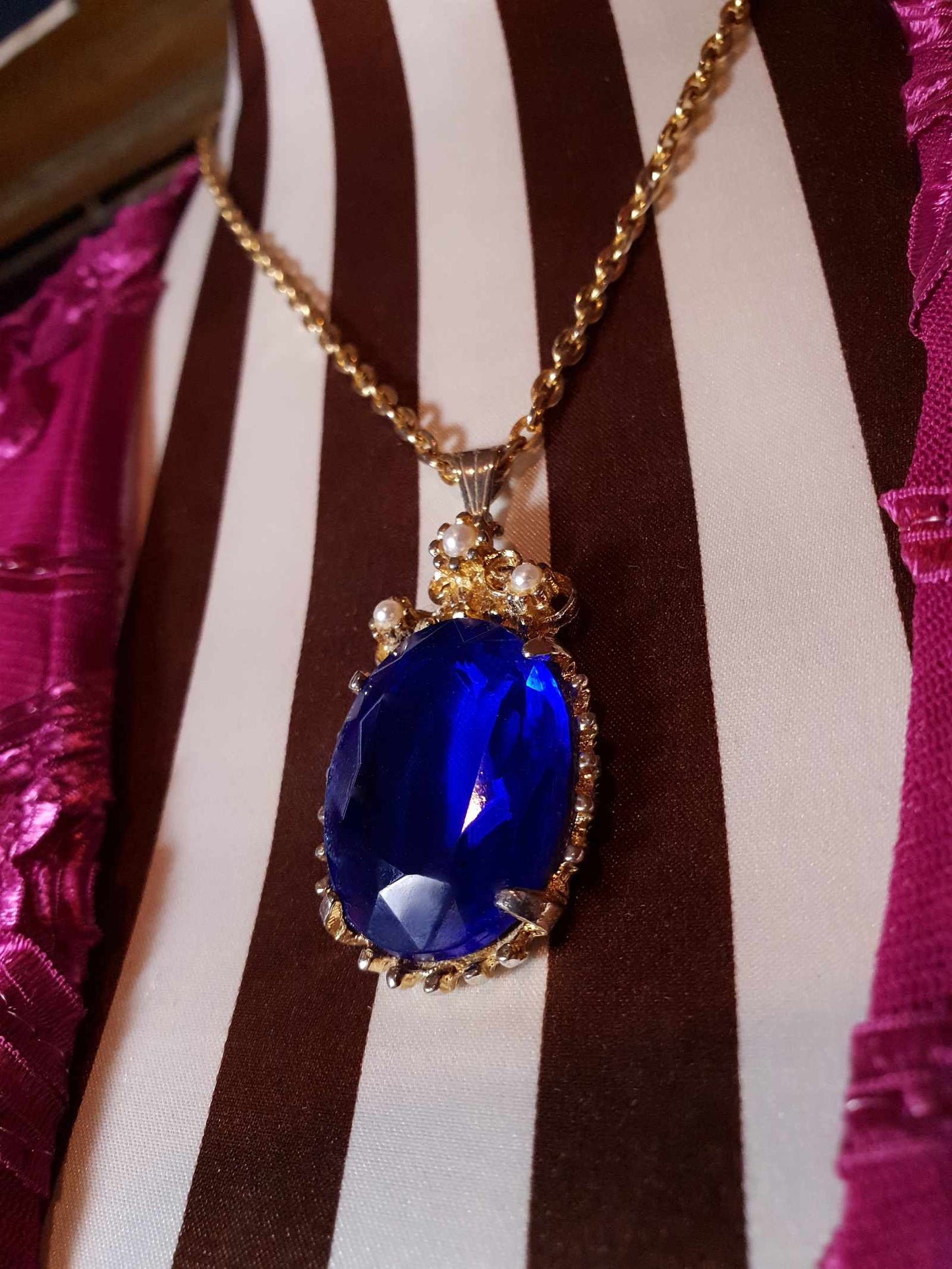 Vintage 1960s Rhinestone Pendant Necklace 18" Cobalt Blue Faux Pearl Gold Tone