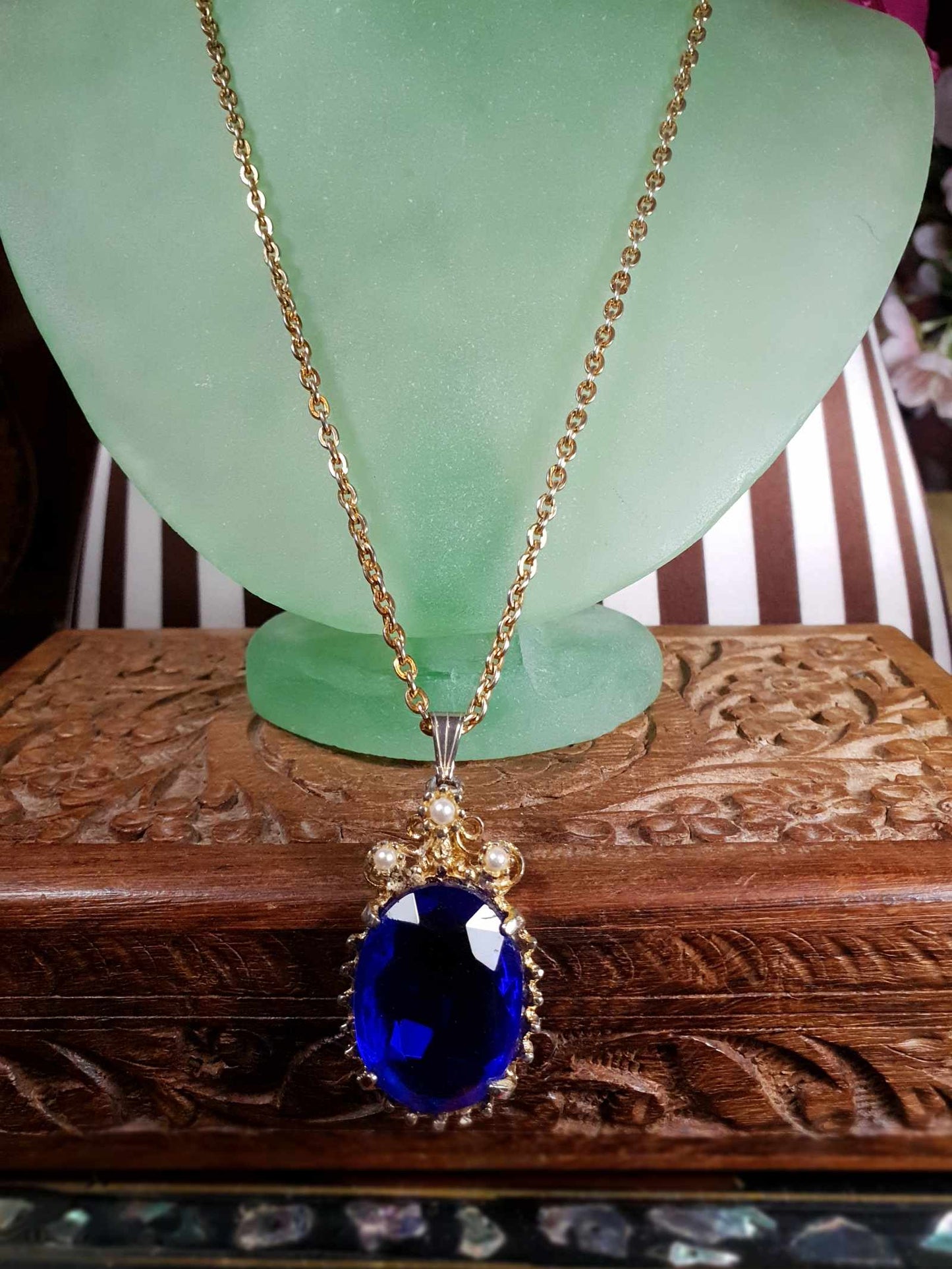 Vintage 1960s Rhinestone Pendant Necklace 18" Cobalt Blue Faux Pearl Gold Tone