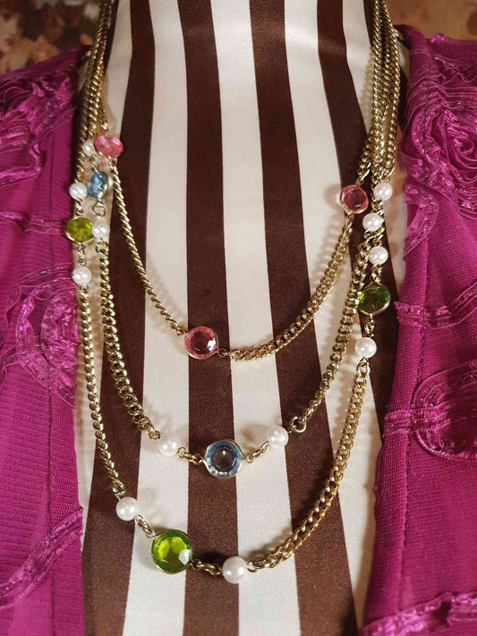 Vintage 1960s Crystal Necklace Pearl Three Tier Layered Gold Tone Curb Chain
